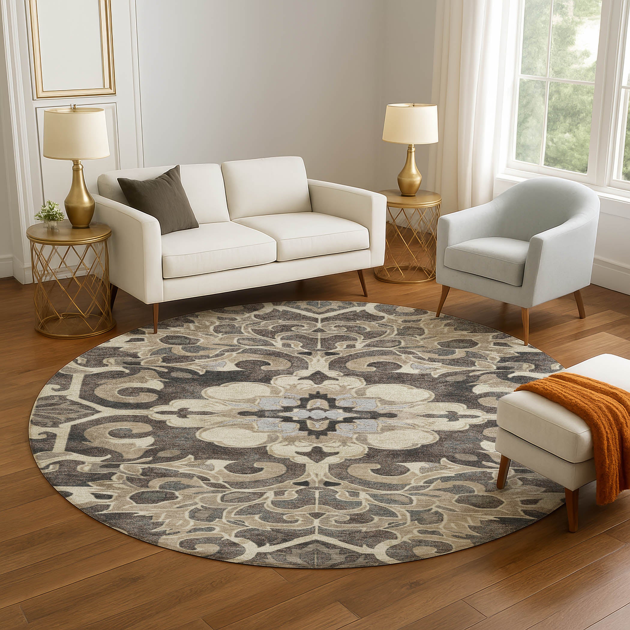 Bruges Machine Washable Traditional Chocolate Brown Rug 8' x 8' #shape_Round
