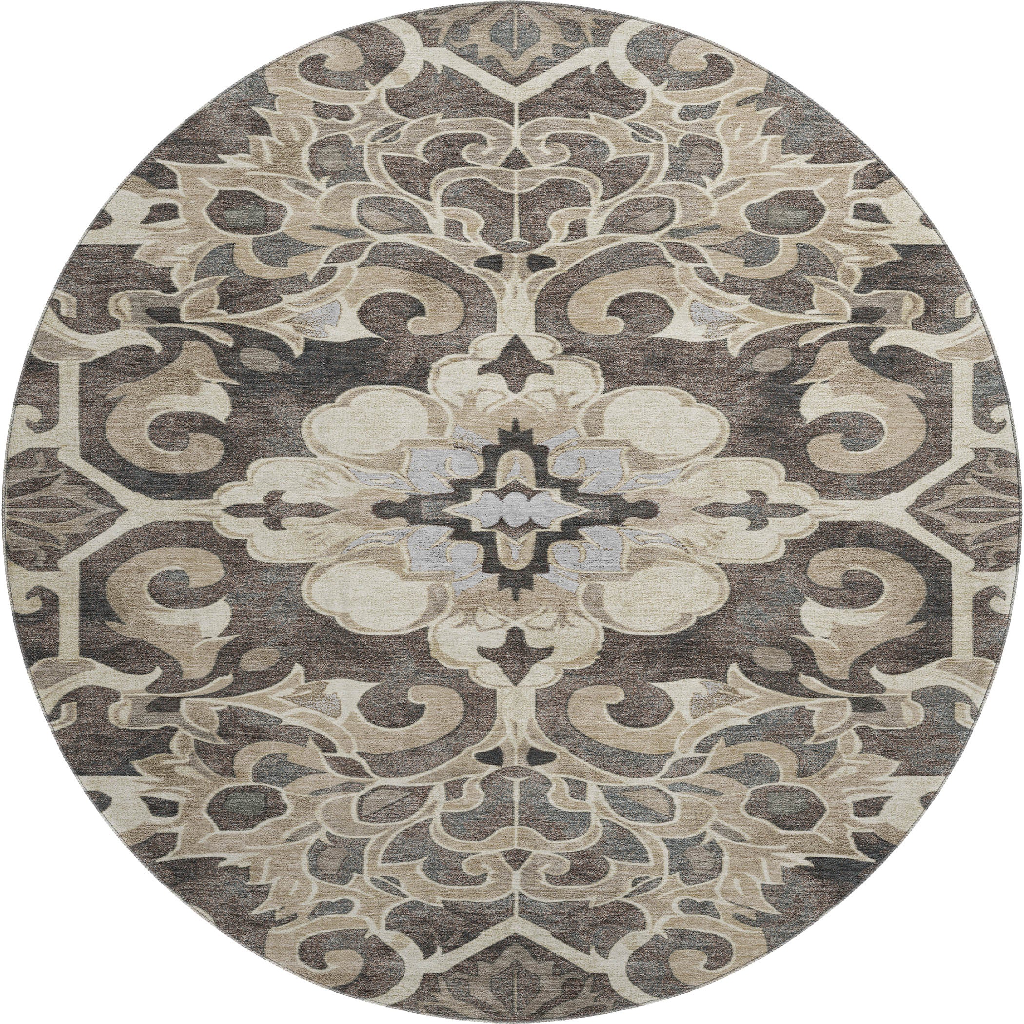 Bruges Machine Washable Traditional Chocolate Brown Rug 8' x 8' #shape_Round