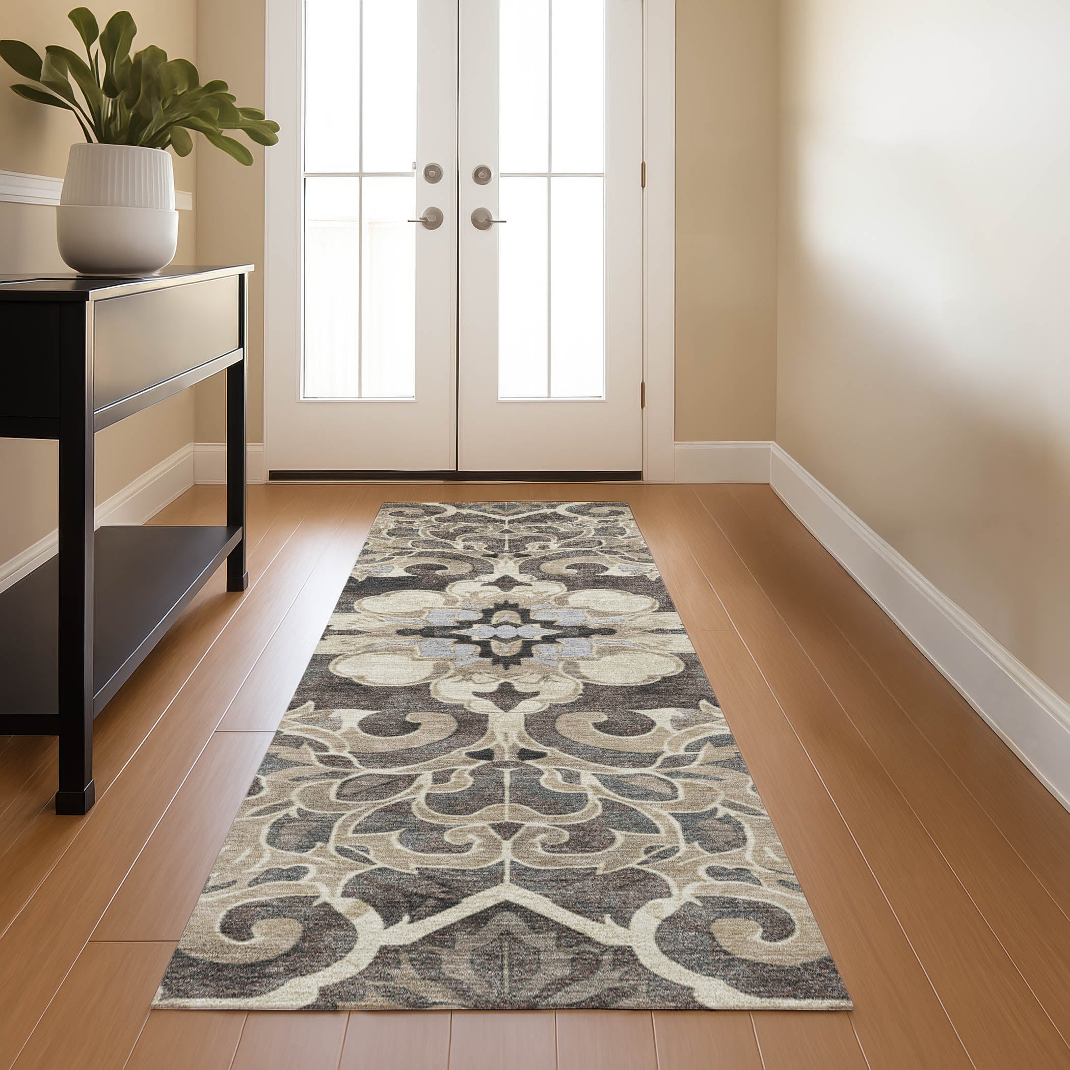 Bruges Machine Washable Traditional Chocolate Brown Rug 2'3" x 7'6" #shape_Runner