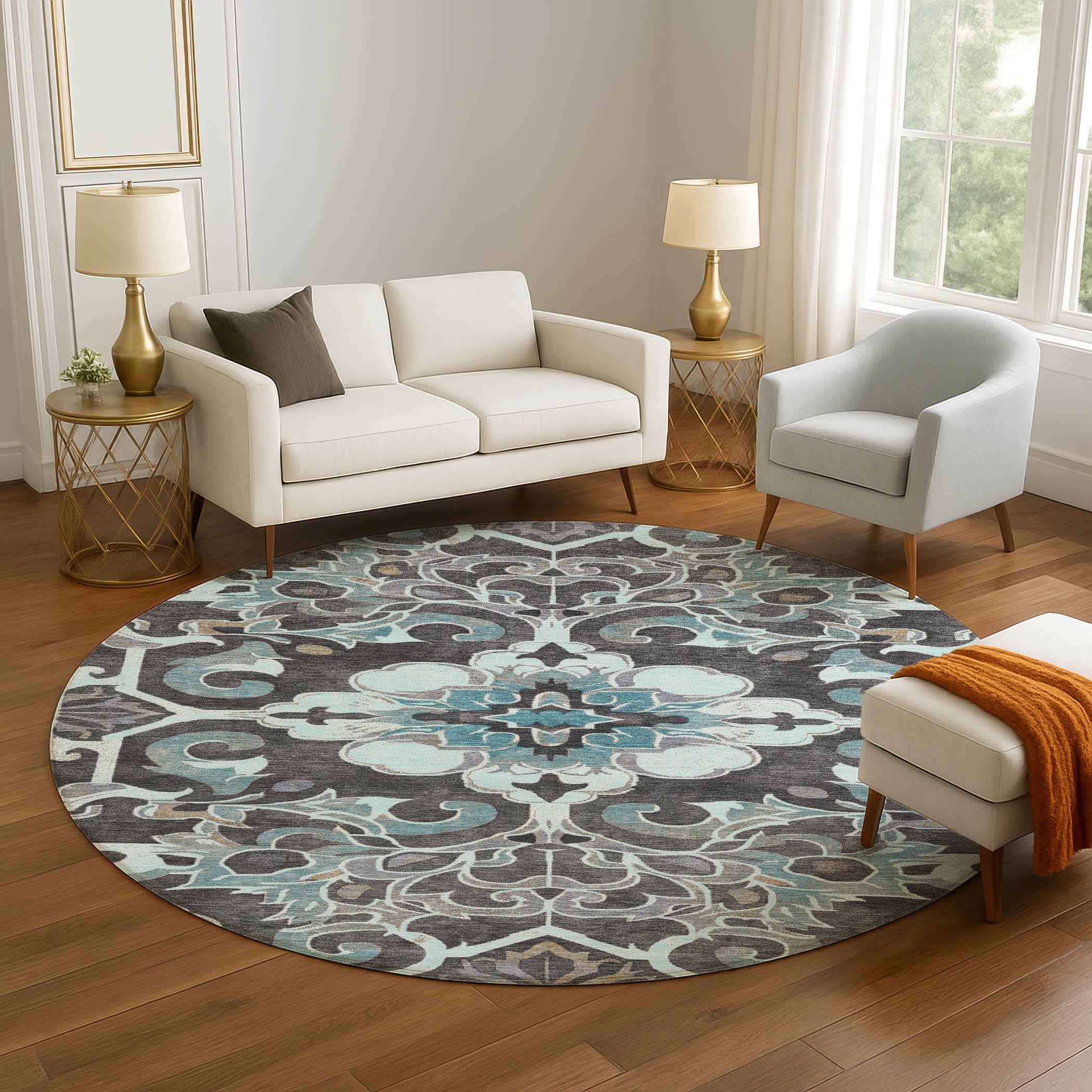 Bruges Machine Washable Traditional Teal Rug 8' x 8' #shape_Round