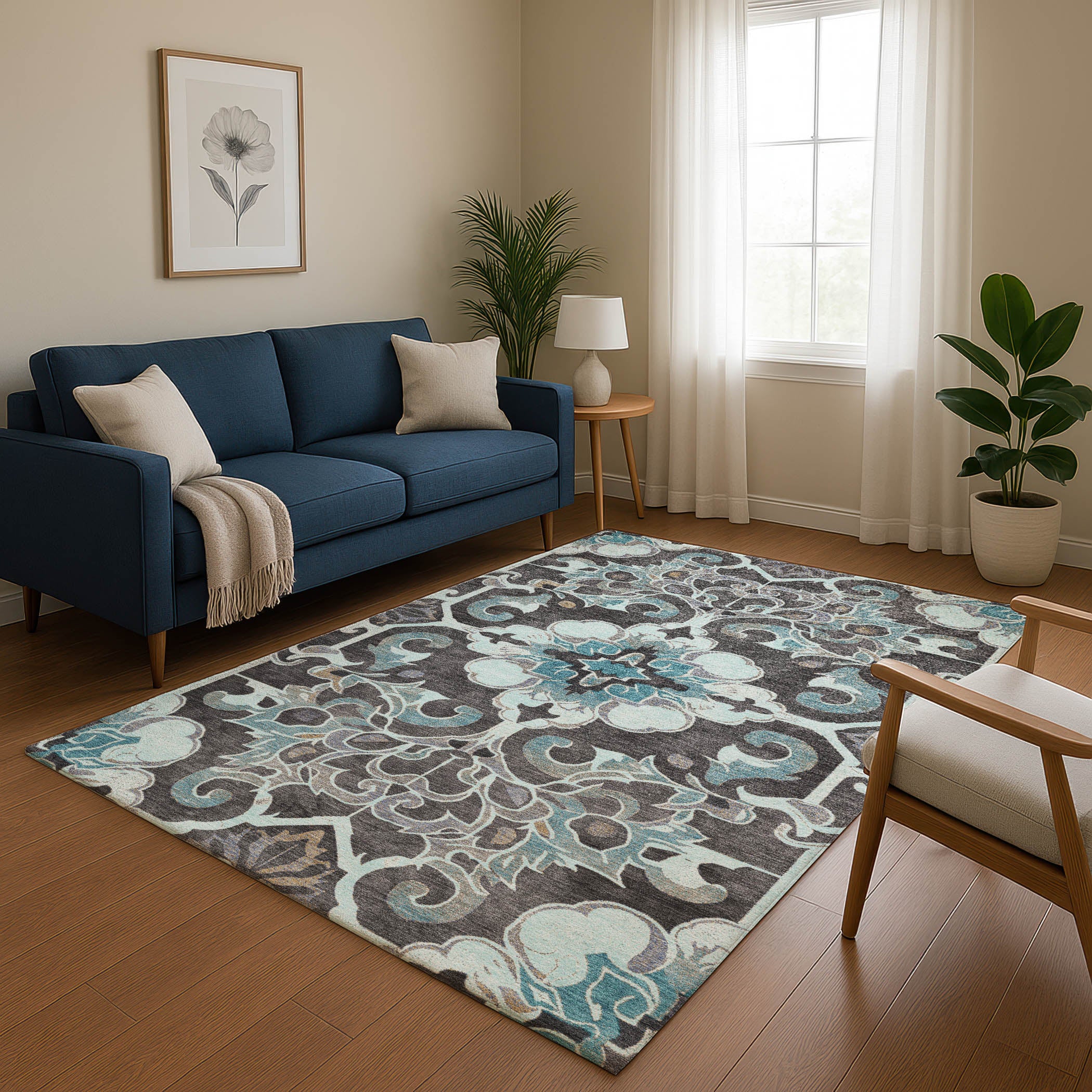 Bruges Machine Washable Traditional Teal Rug 2'6" x 3'10" #shape_Rectangle