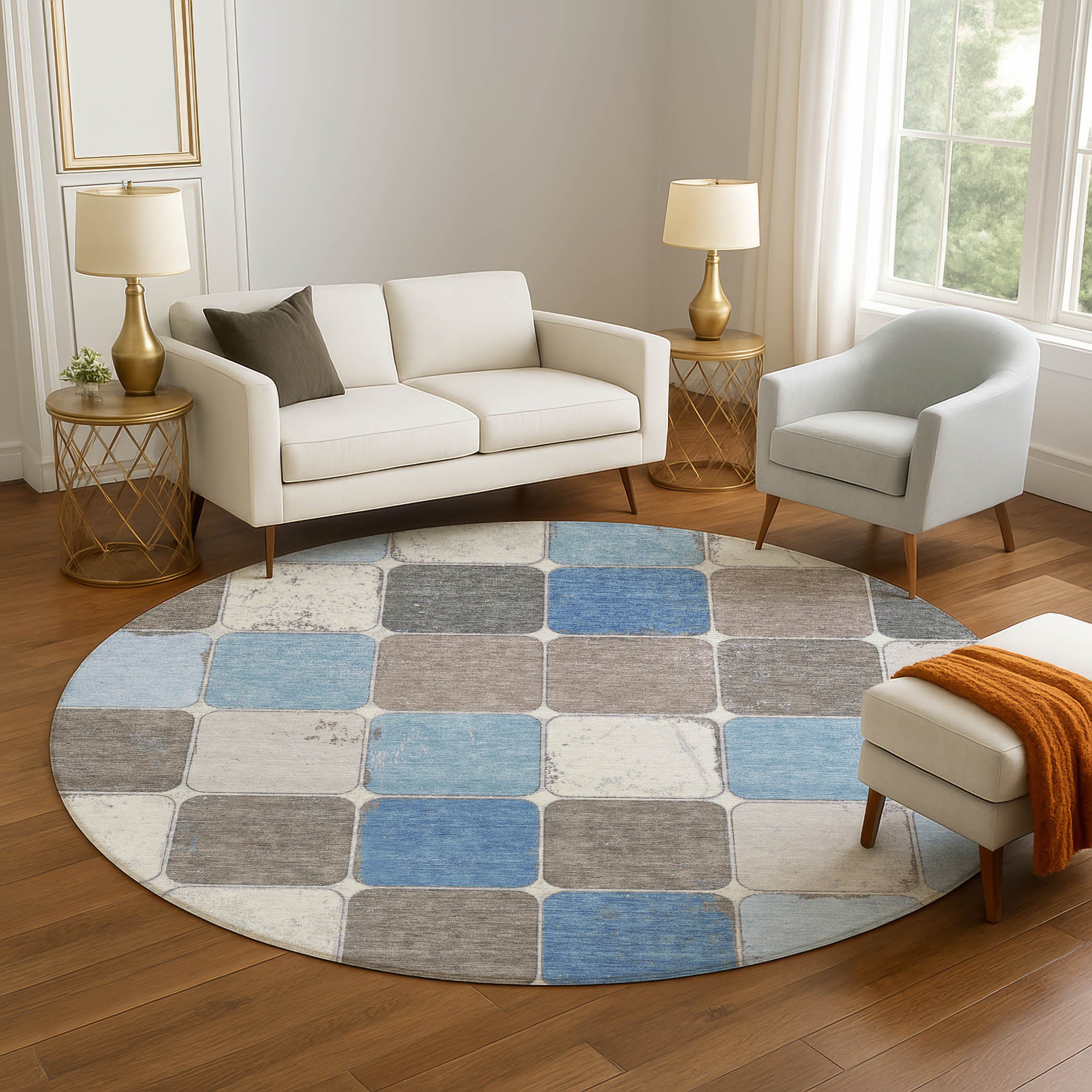 Bruges Machine Washable Transitional Blue Rug 8' x 8' #shape_Round