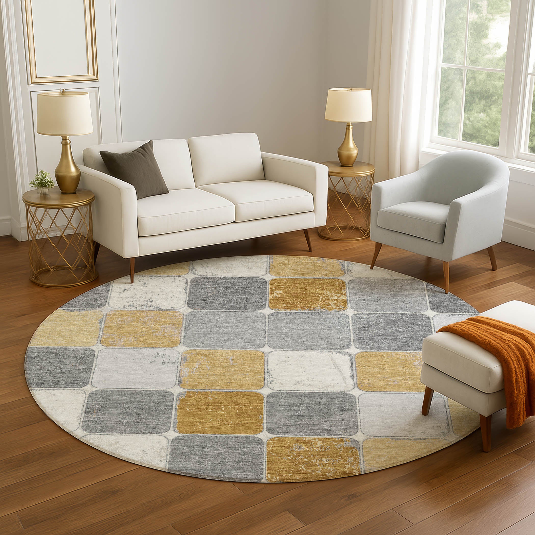 Bruges Machine Washable Transitional Gold Rug 8' x 8' #shape_Round