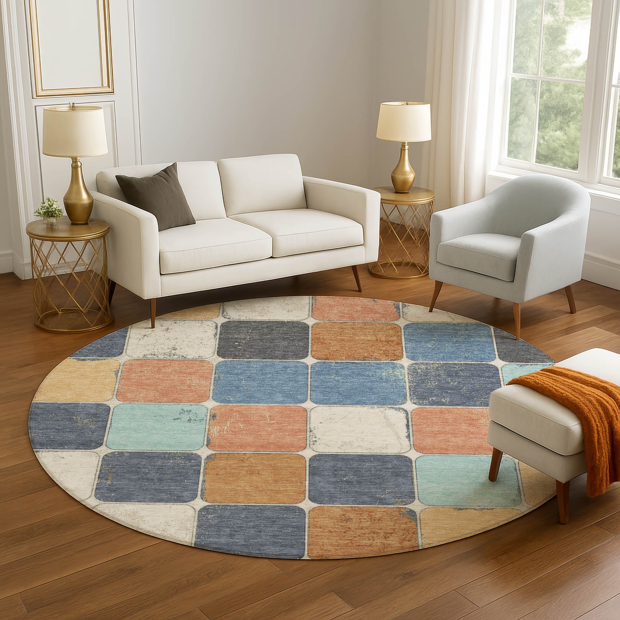 Bruges Machine Washable Transitional Rust Orange Rug 8' x 8' #shape_Round