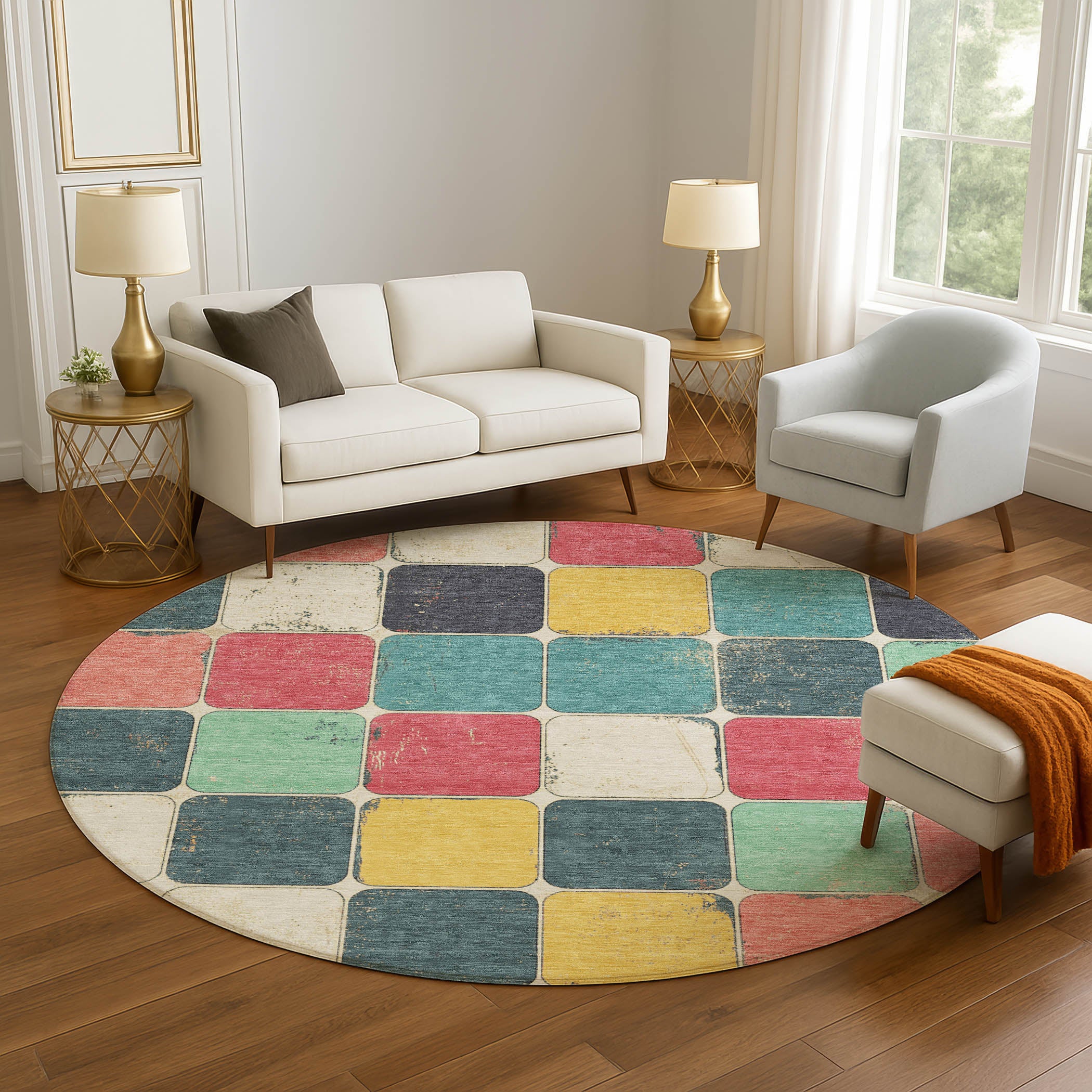 Bruges Machine Washable Transitional Teal Rug 8' x 8' #shape_Round