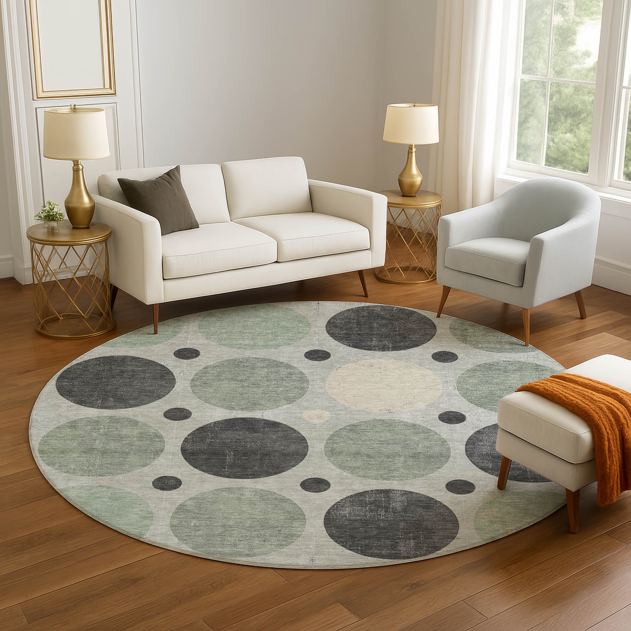 Prague Machine Washable Transitional Sage Green Rug 8' x 8' #shape_Round