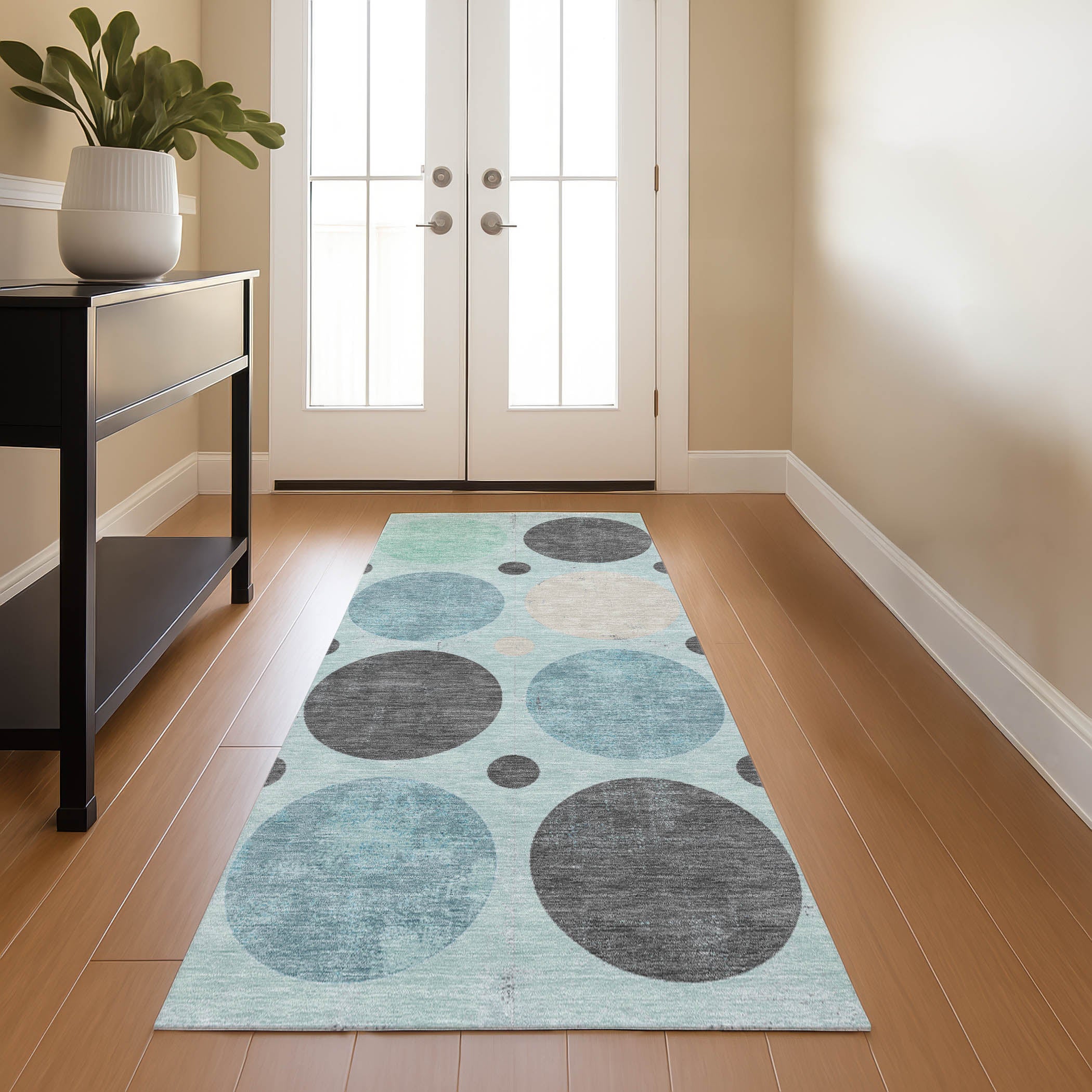 Prague Machine Washable Transitional Teal Rug 2'3" x 7'6" #shape_Runner