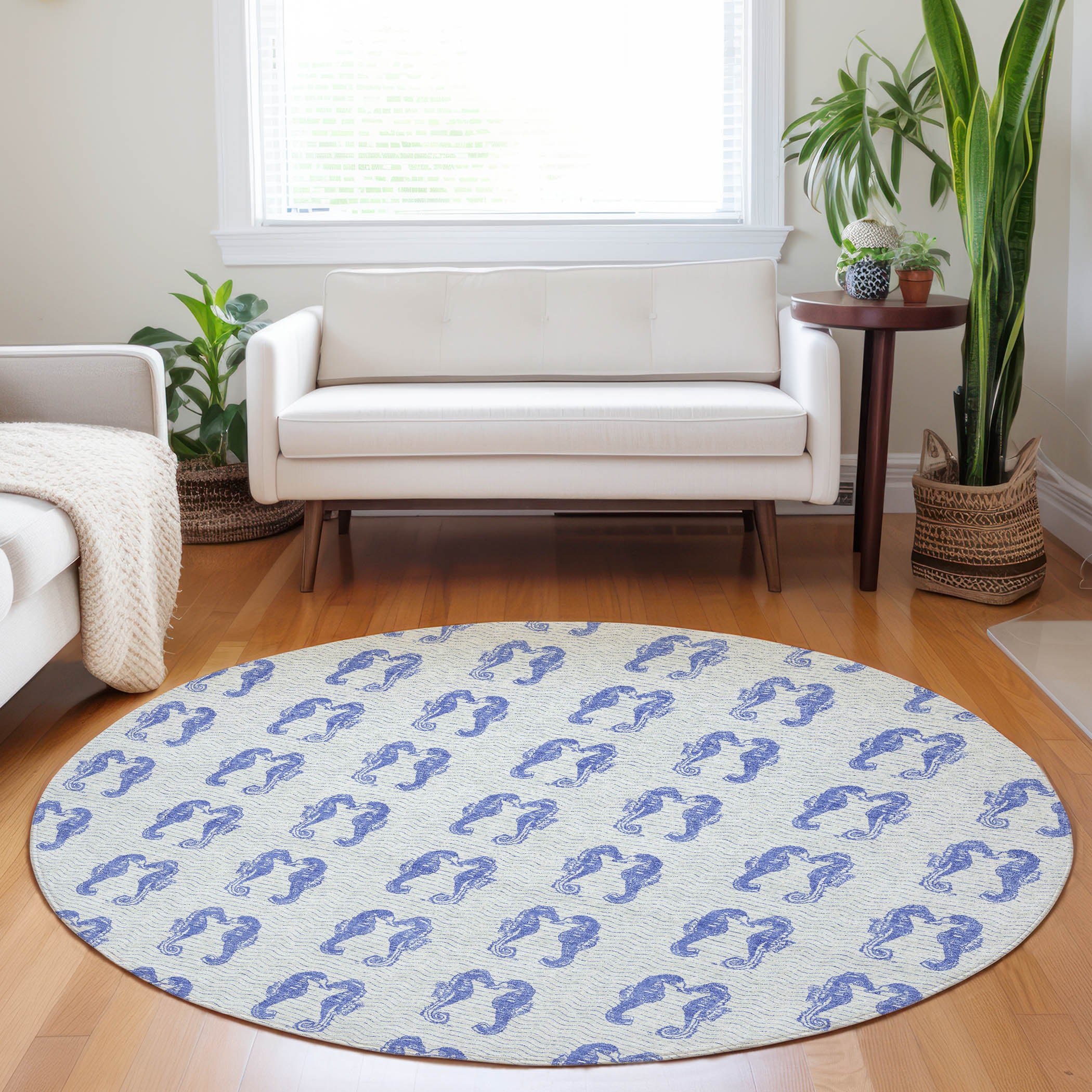 Athens Machine Washable Coastal Blue Navy Rug 8' x 8' #shape_Round
