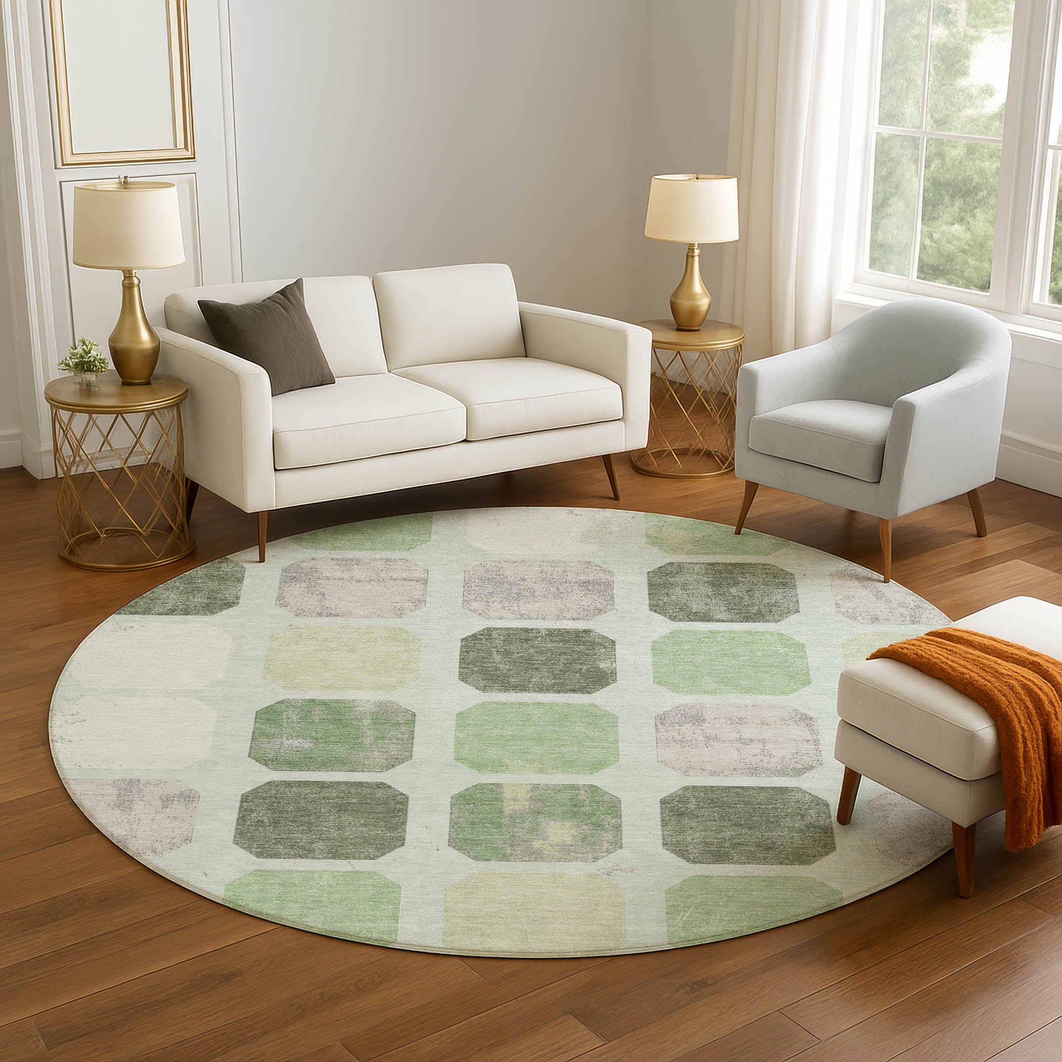 Athens Machine Washable Transitional Aloe Green Rug 8' x 8' #shape_Round