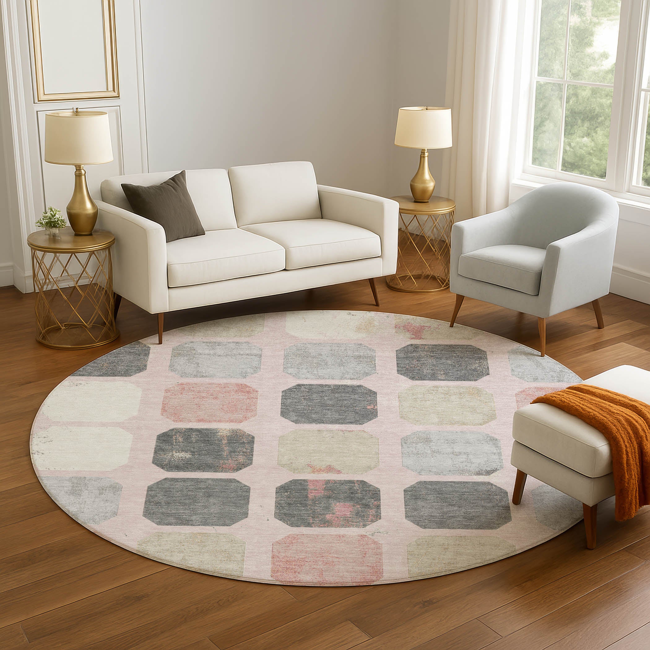 Athens Machine Washable Transitional Blush Pink Rug 8' x 8' #shape_Round