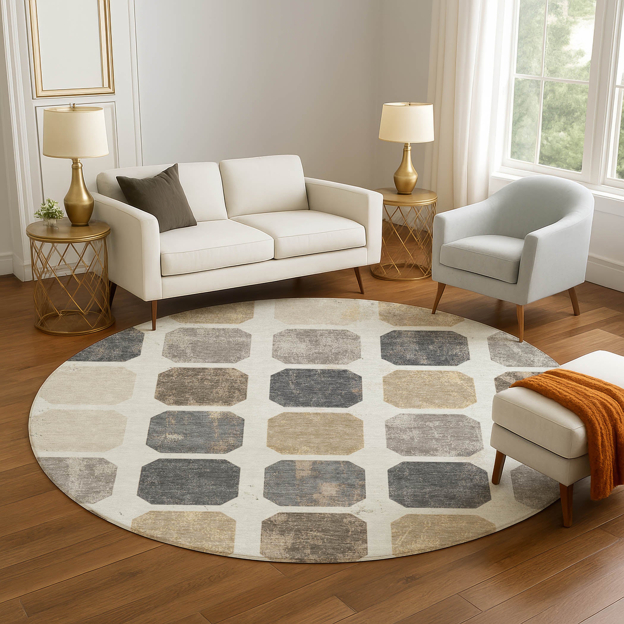 Athens Machine Washable Transitional Ivory Rug 8' x 8' #shape_Round