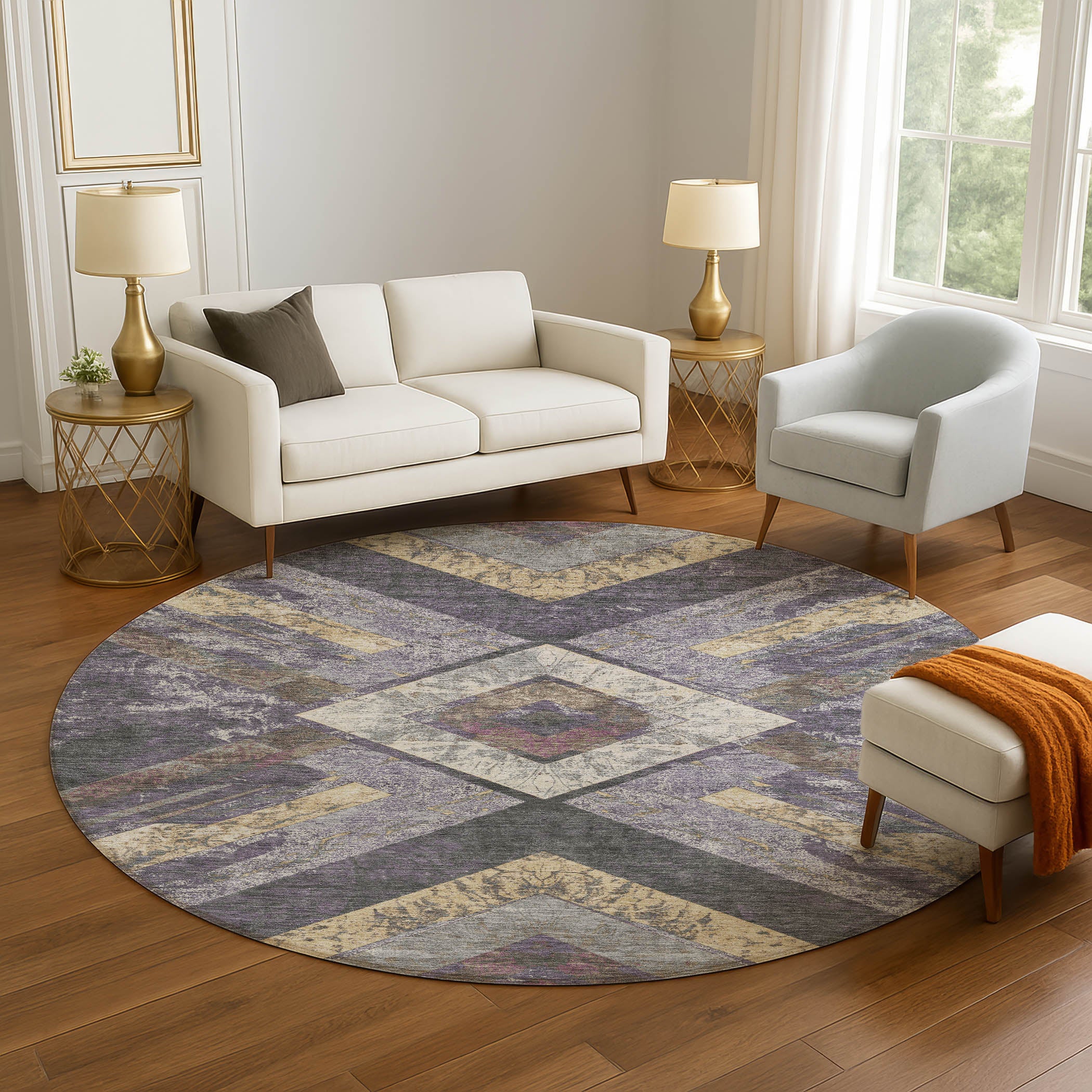 Salzburg Machine Washable Transitional Purple Rug 8' x 8' #shape_Round
