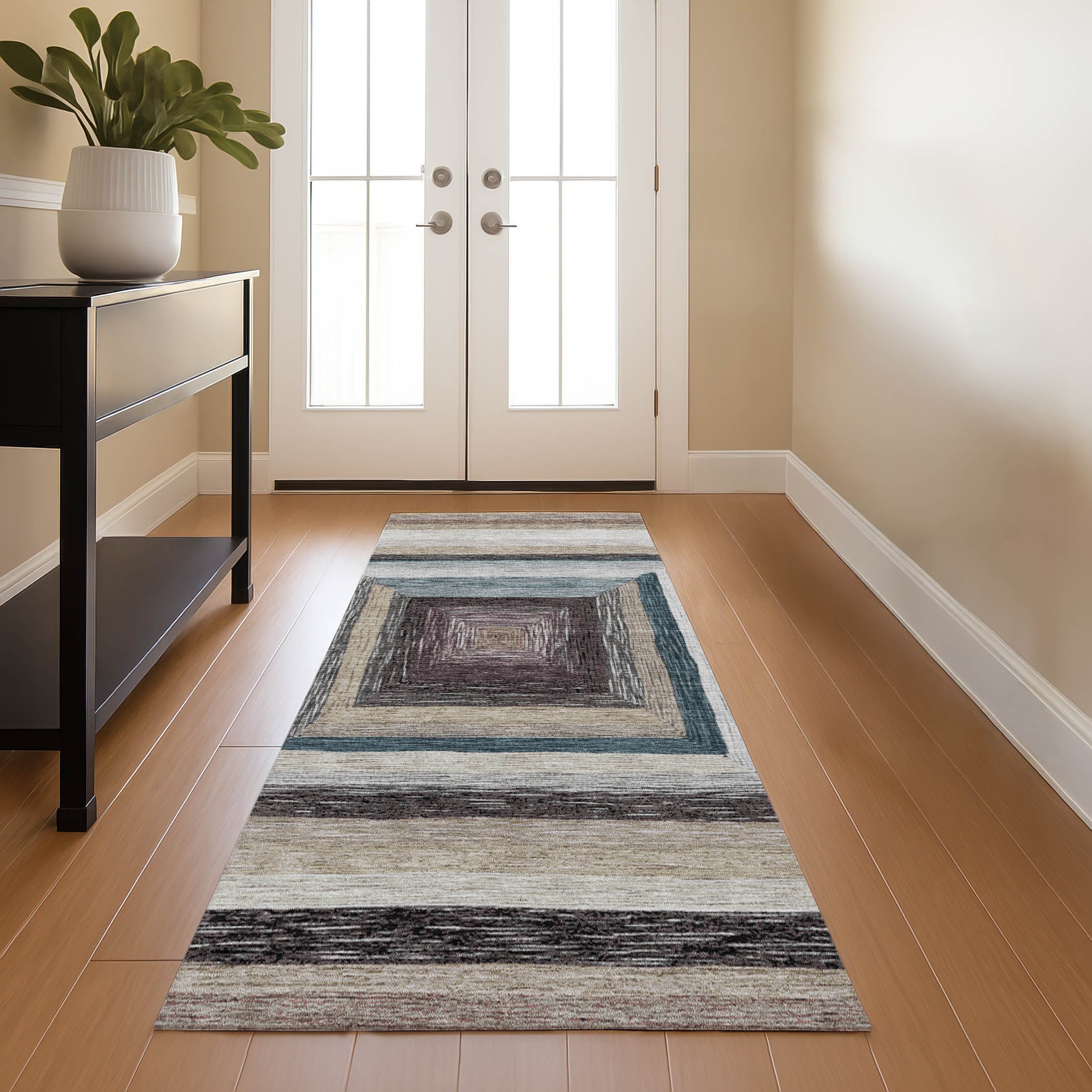 Porto Machine Washable Transitional Beige Brown Rug 2'3" x 7'6" #shape_Runner
