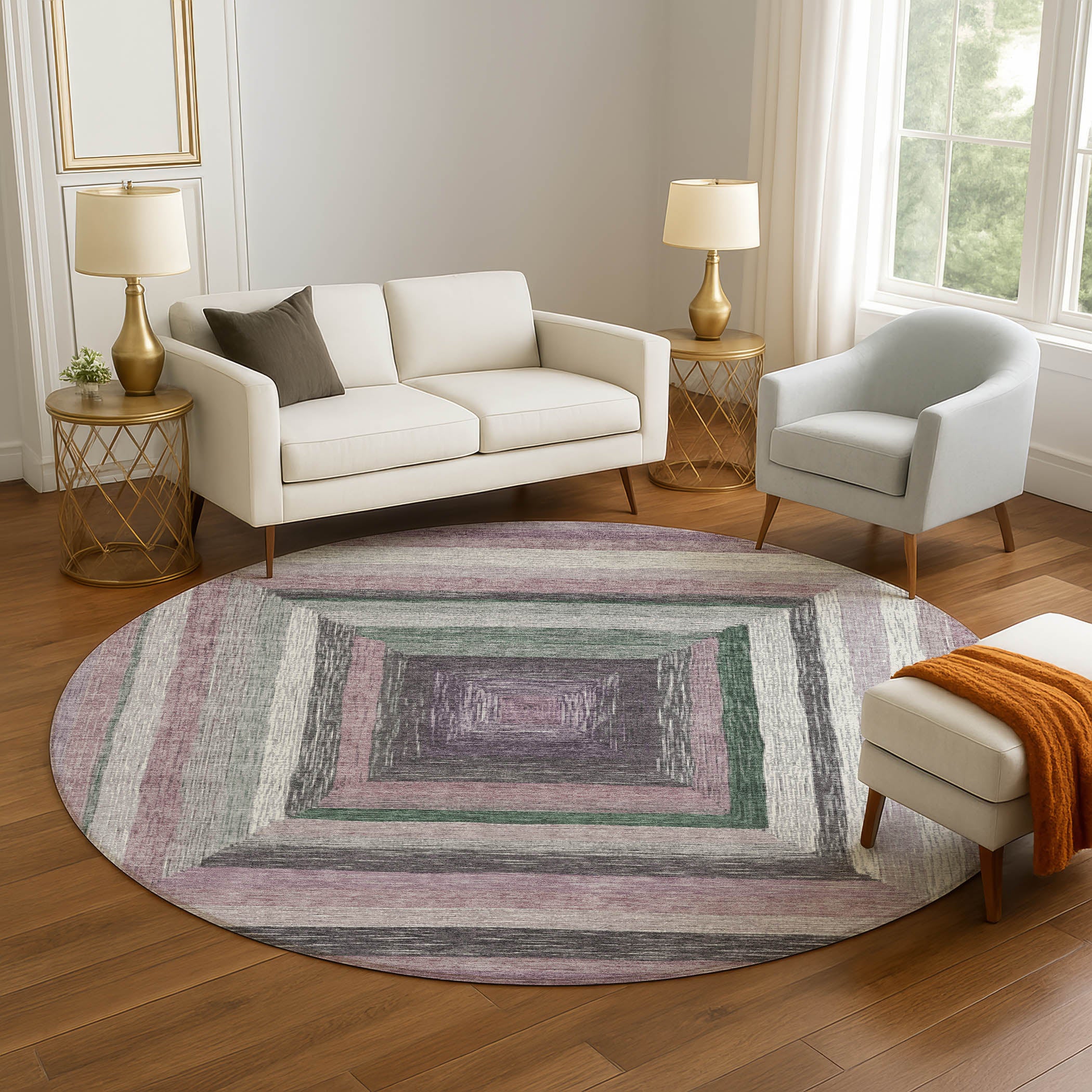 Porto Machine Washable Transitional Blush Pink Rug 8' x 8' #shape_Round