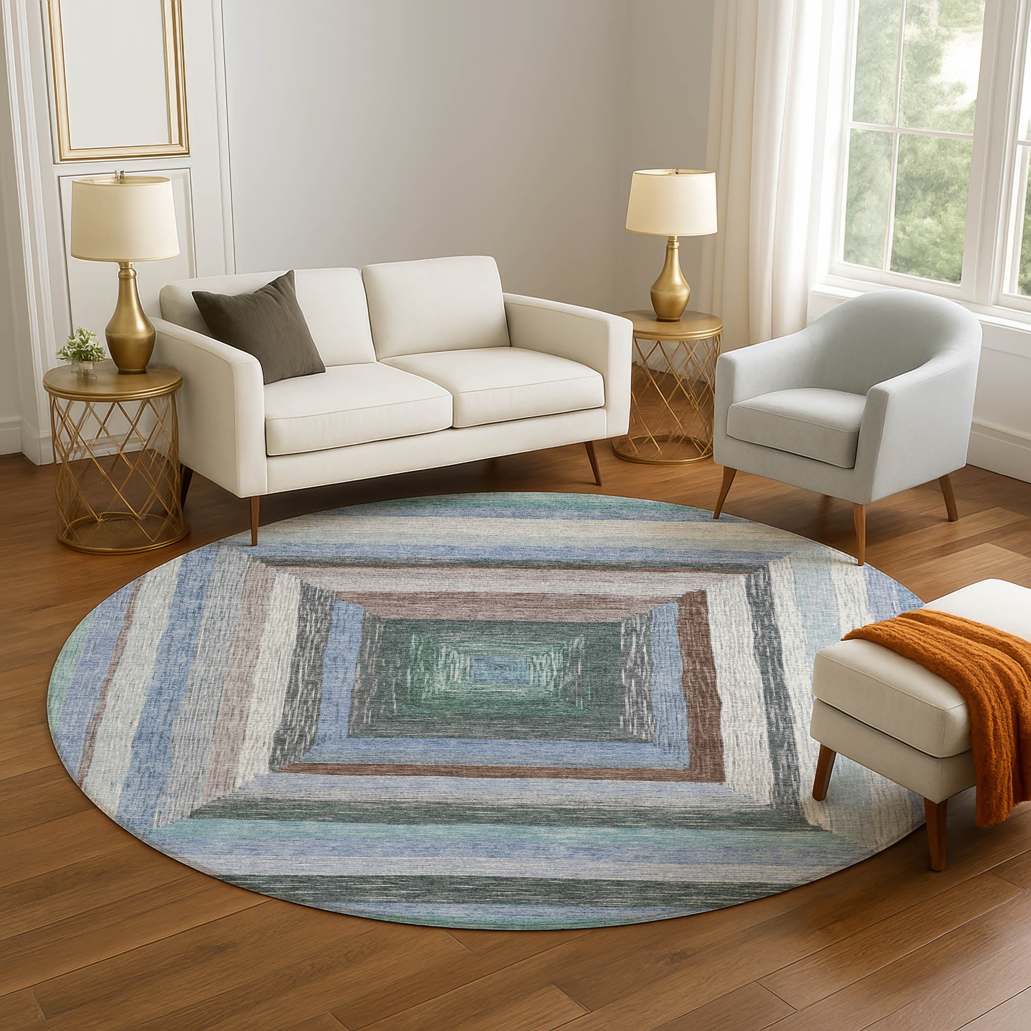 Porto Machine Washable Transitional Denim Blue Rug 8' x 8' #shape_Round