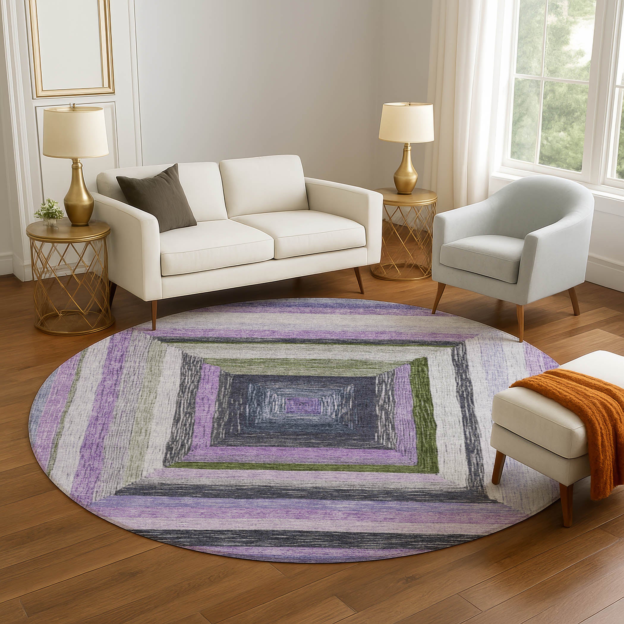 Porto Machine Washable Transitional Lavender Purple Rug 8' x 8' #shape_Round