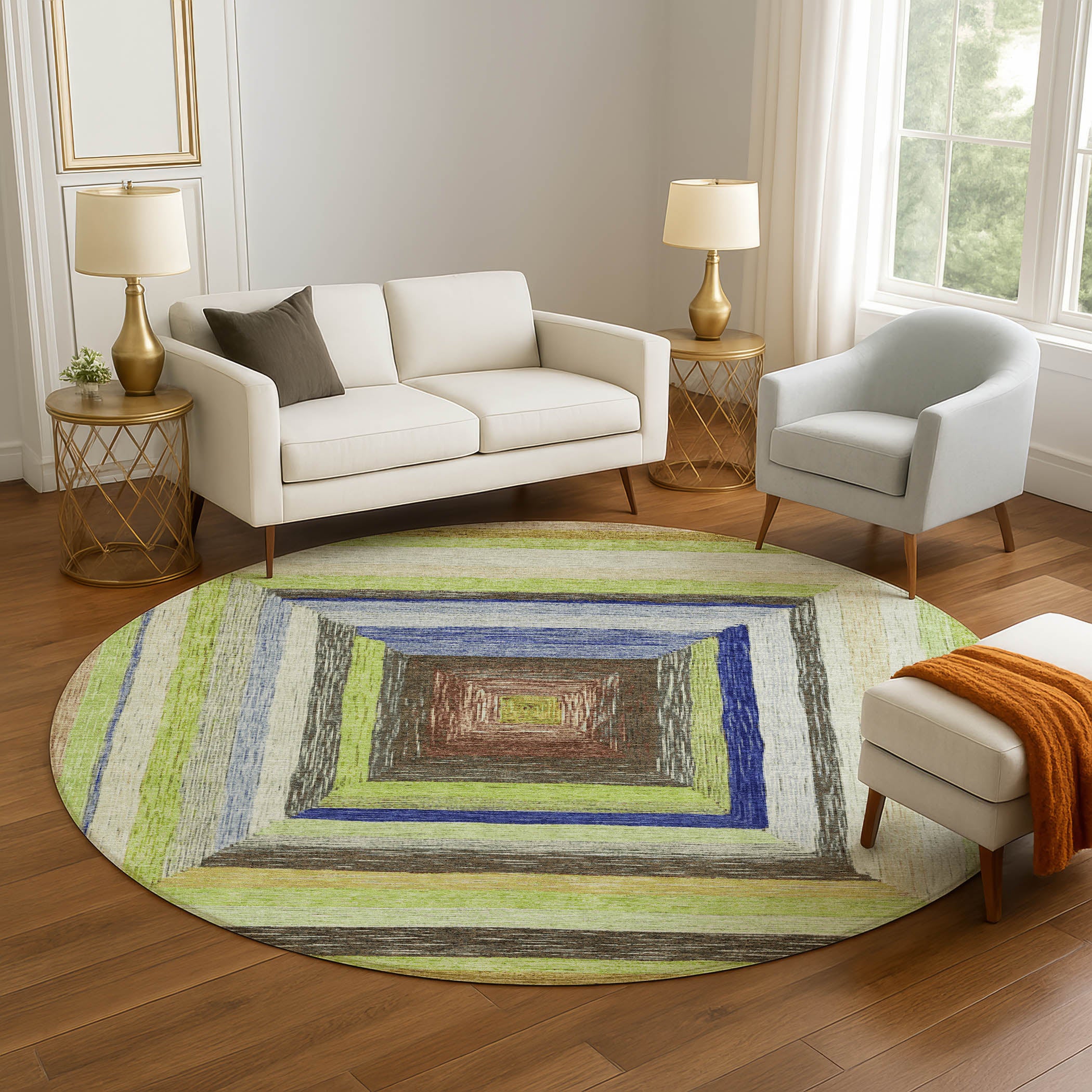 Porto Machine Washable Transitional Lime Green Rug 8' x 8' #shape_Round