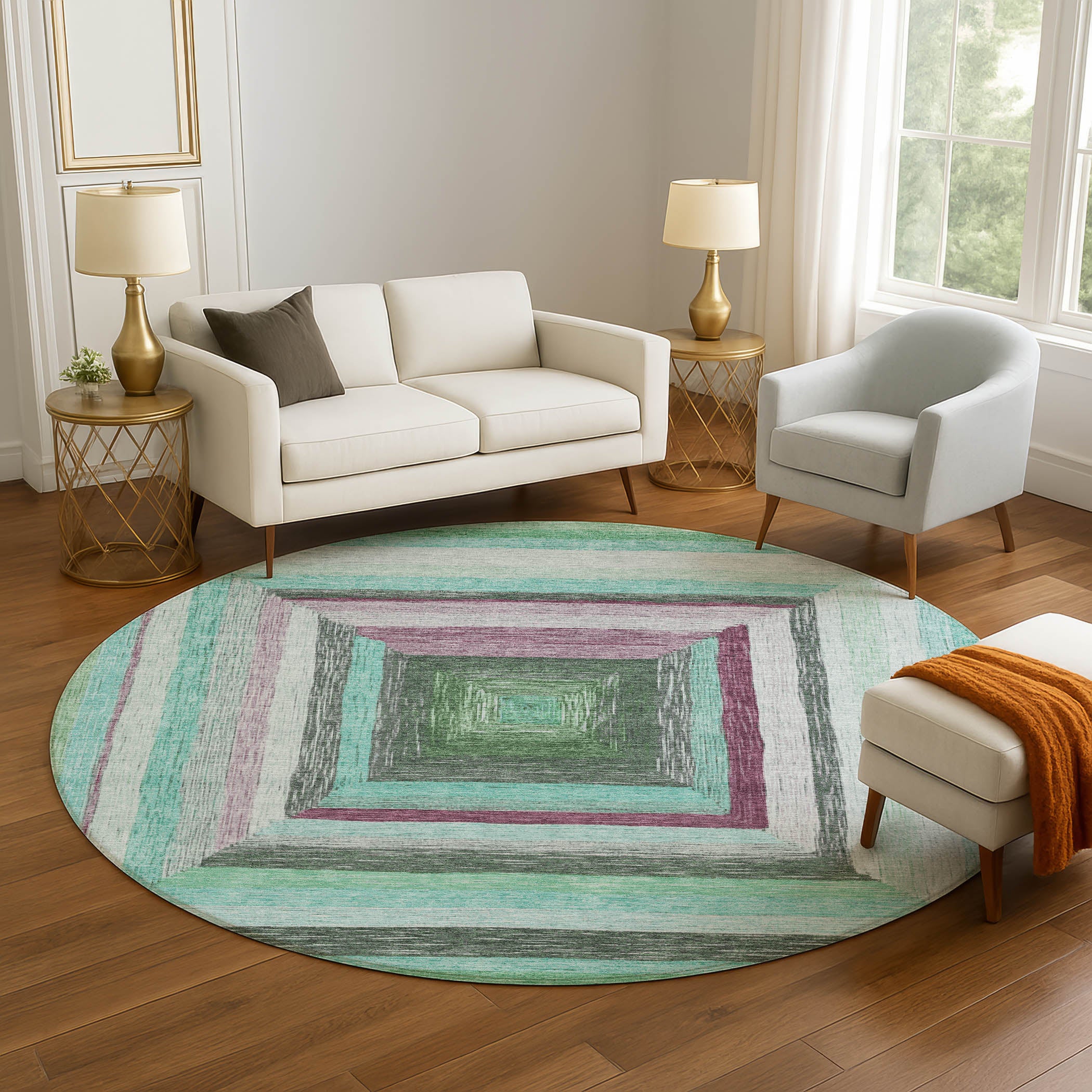 Porto Machine Washable Transitional Teal Rug 8' x 8' #shape_Round