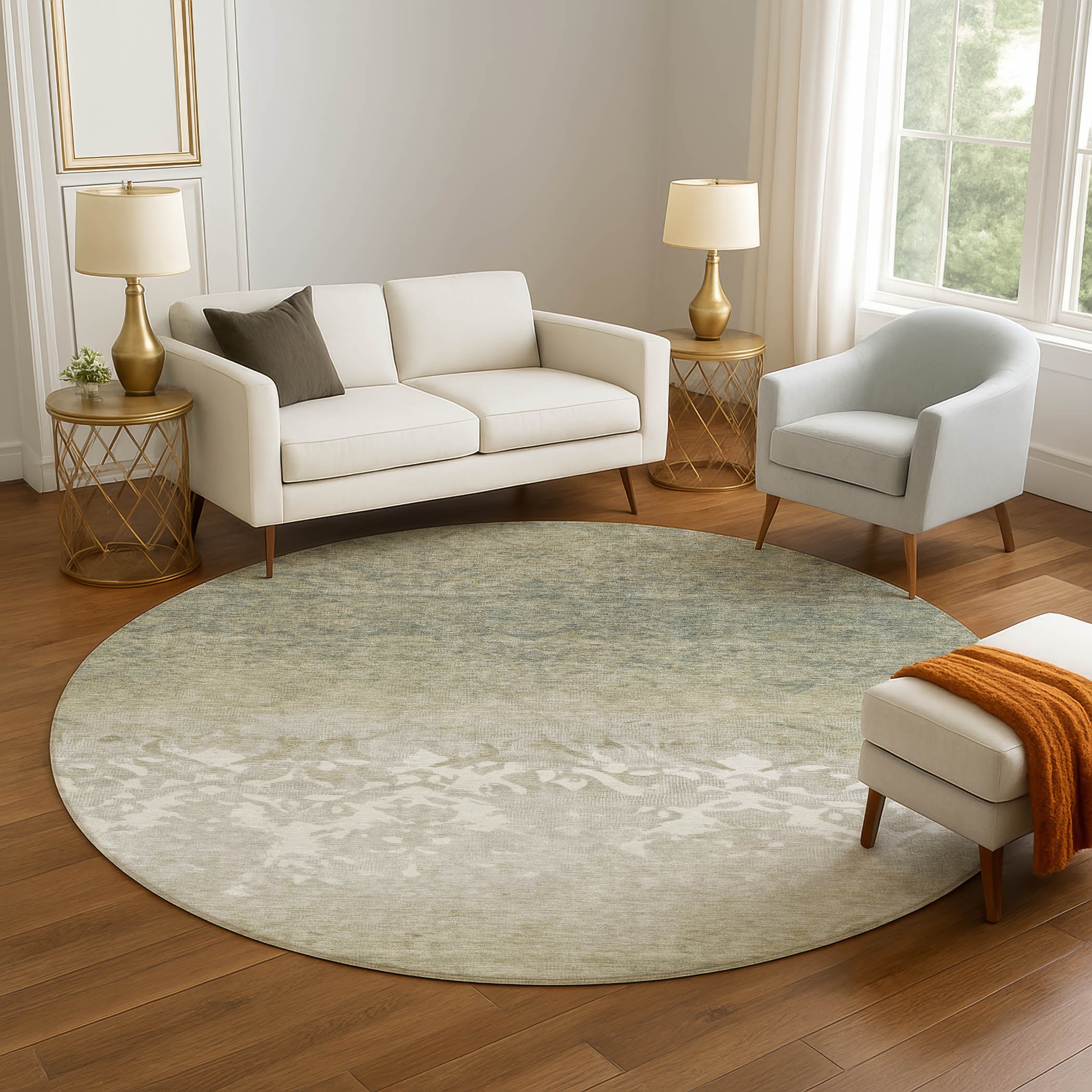 Porto Machine Washable Transitional Beige Brown Rug 8' x 8' #shape_Round