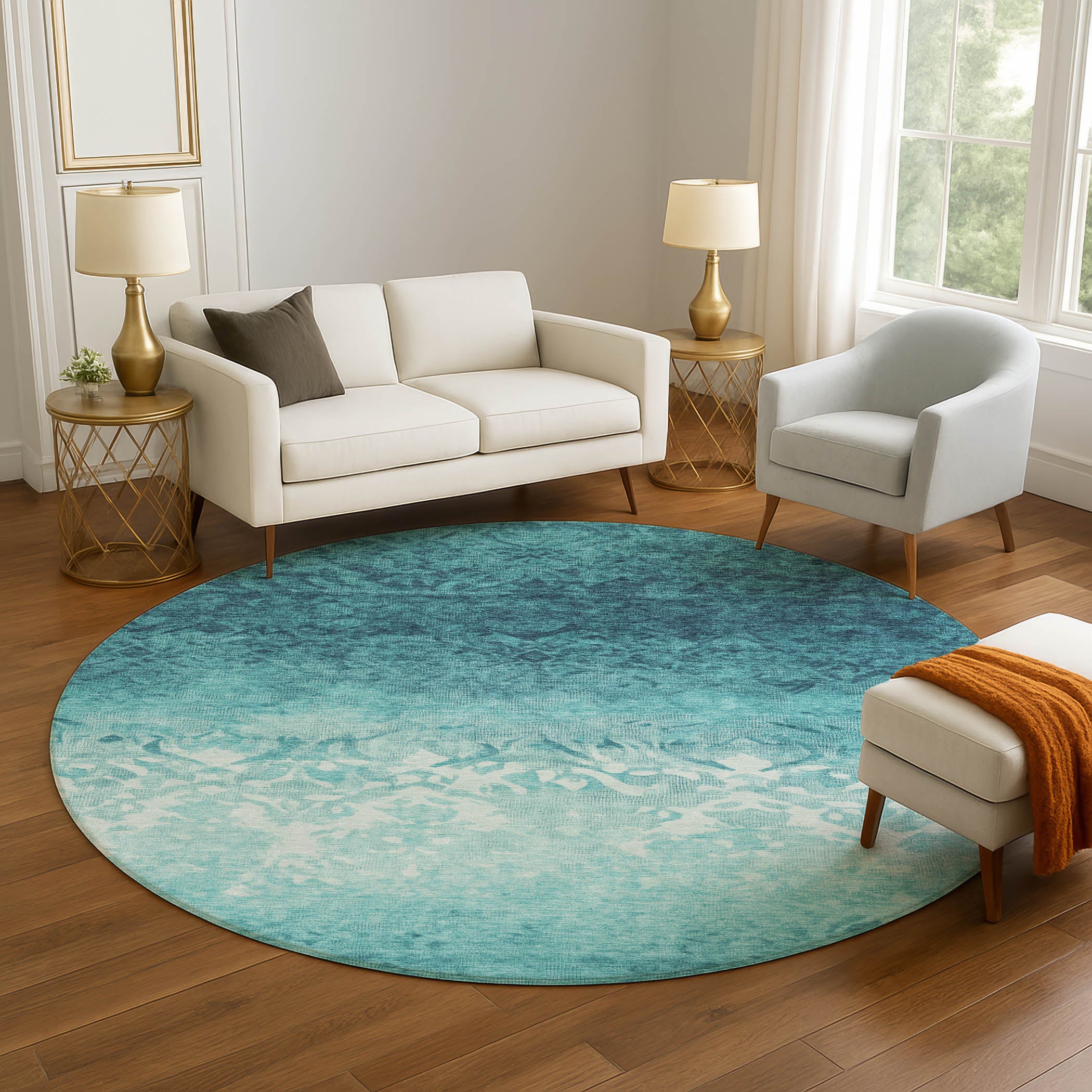 Porto Machine Washable Transitional Teal Rug 8' x 8' #shape_Round