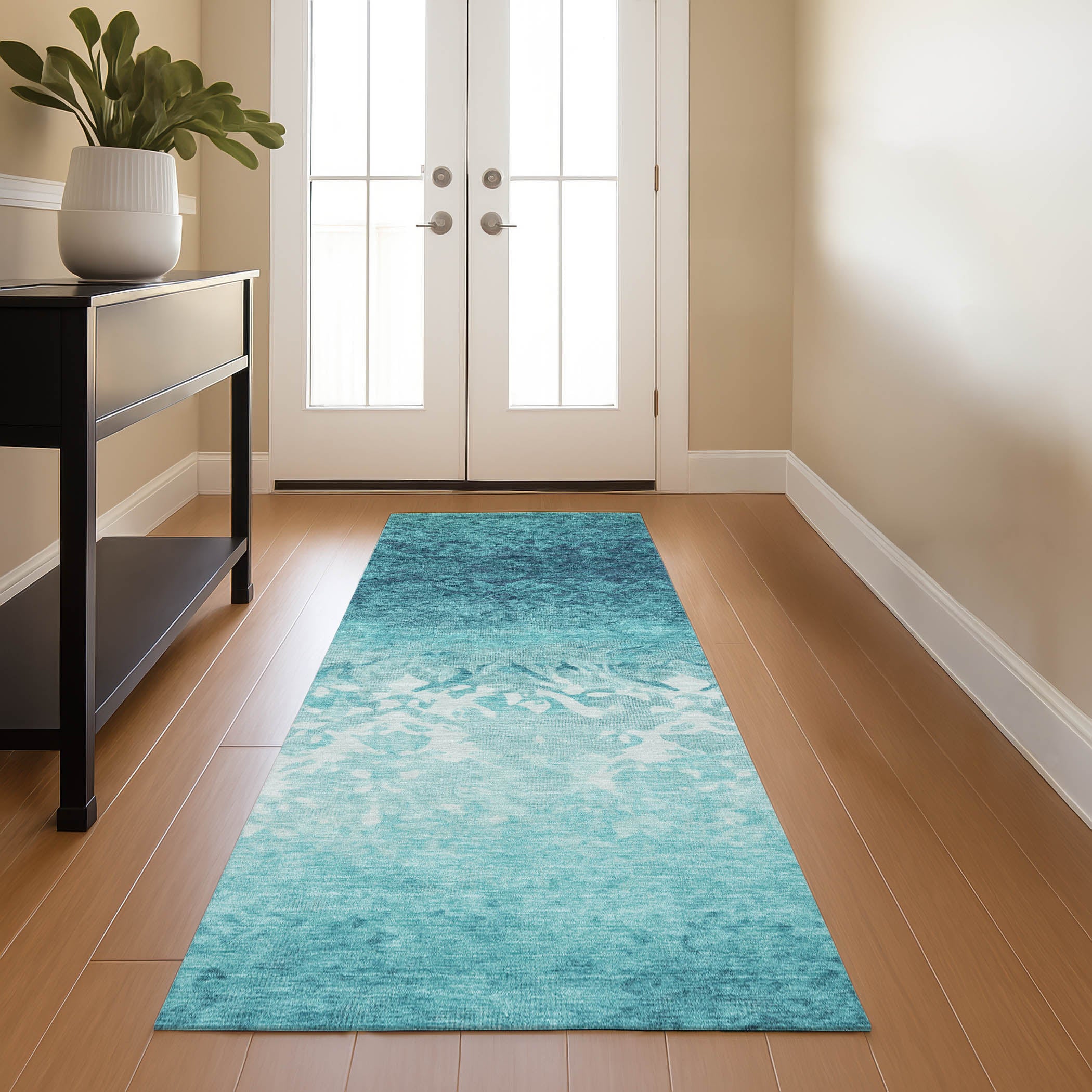 Porto Machine Washable Transitional Teal Rug 2'3" x 7'6" #shape_Runner