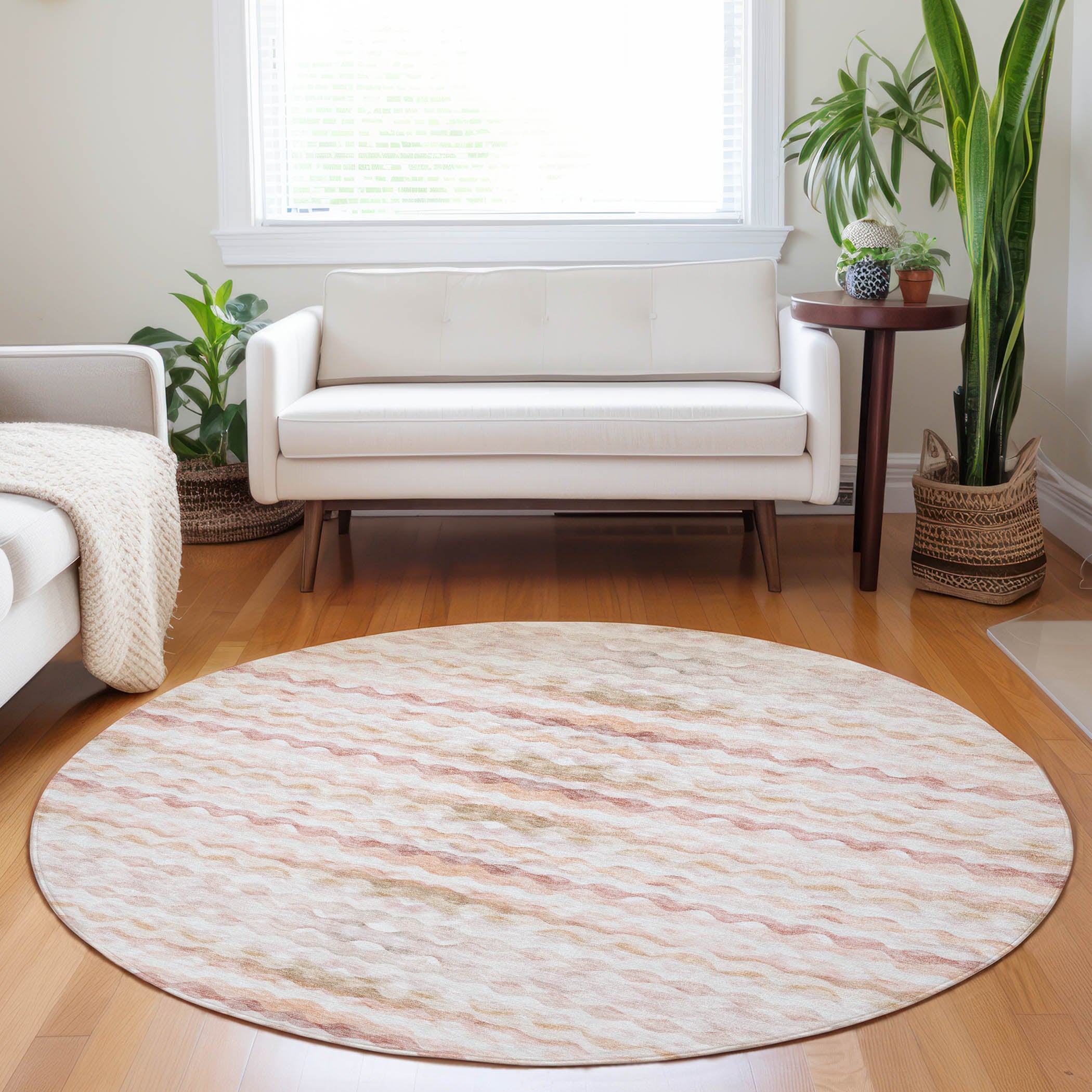 Reykjavik Machine Washable Coastal Peach Orange Rug 8' x 8' #shape_Round