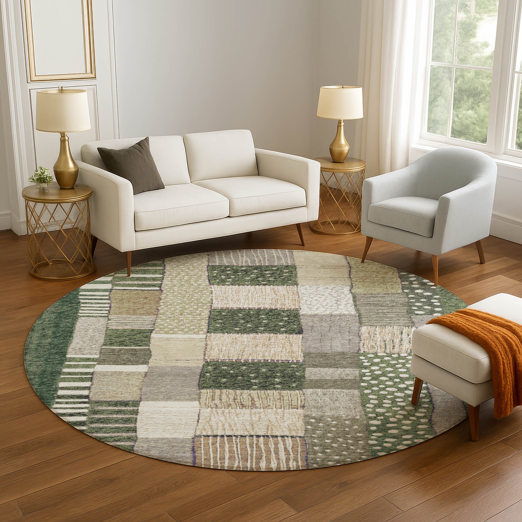 Bergen Machine Washable Transitional Olive Green Rug 8' x 8' #shape_Round