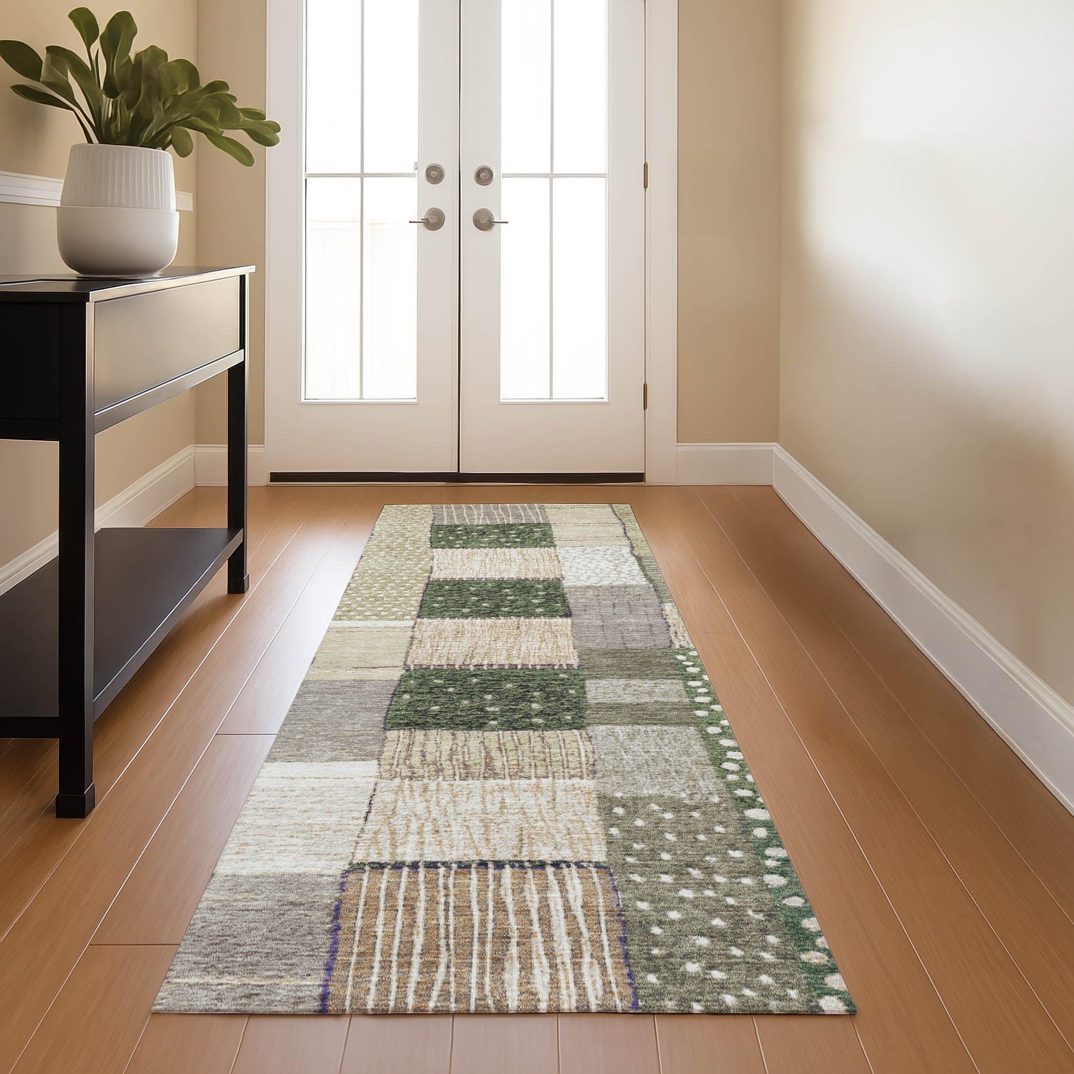 Bergen Machine Washable Transitional Olive Green Rug 2'3" x 7'6" #shape_Runner