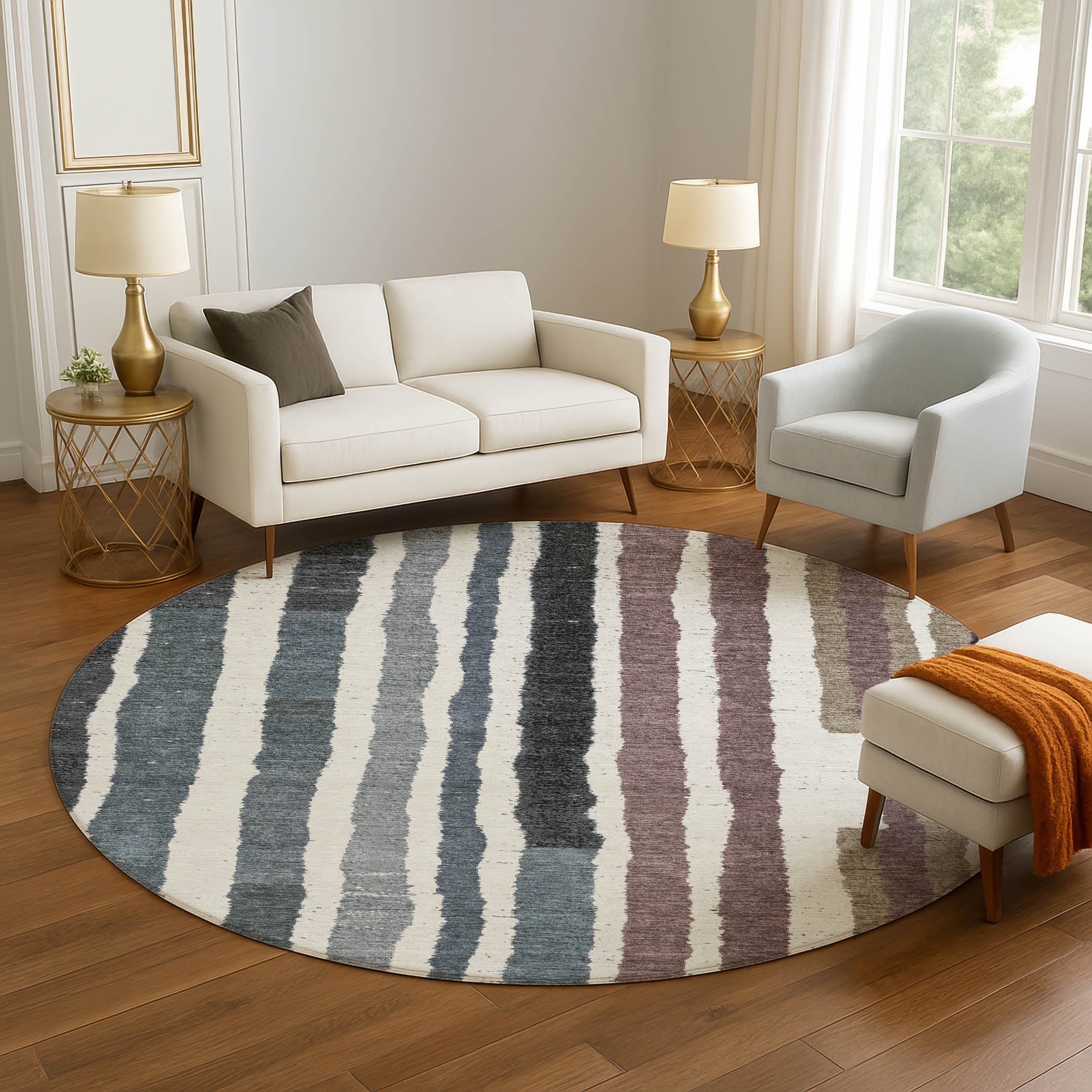 Kotor Machine Washable Transitional Denim Blue Rug 8' x 8' #shape_Round