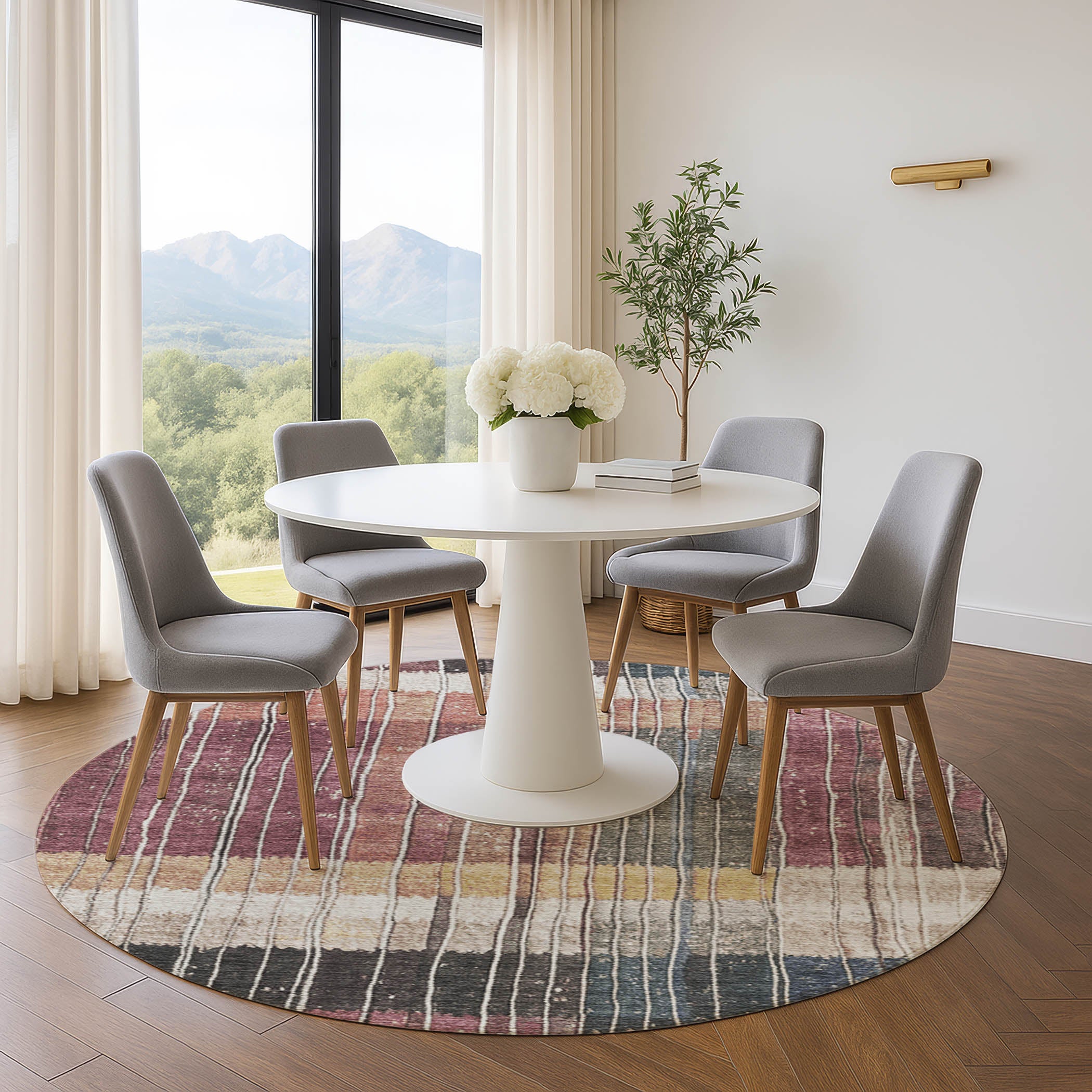 Kotor Machine Washable Transitional Mauve Pink Rug 8' x 8' #shape_Round