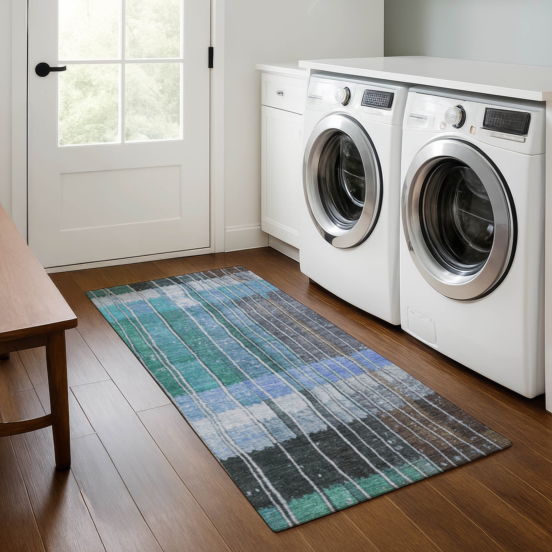 Kotor Machine Washable Transitional Teal Rug 2'3" x 7'6" #shape_Runner