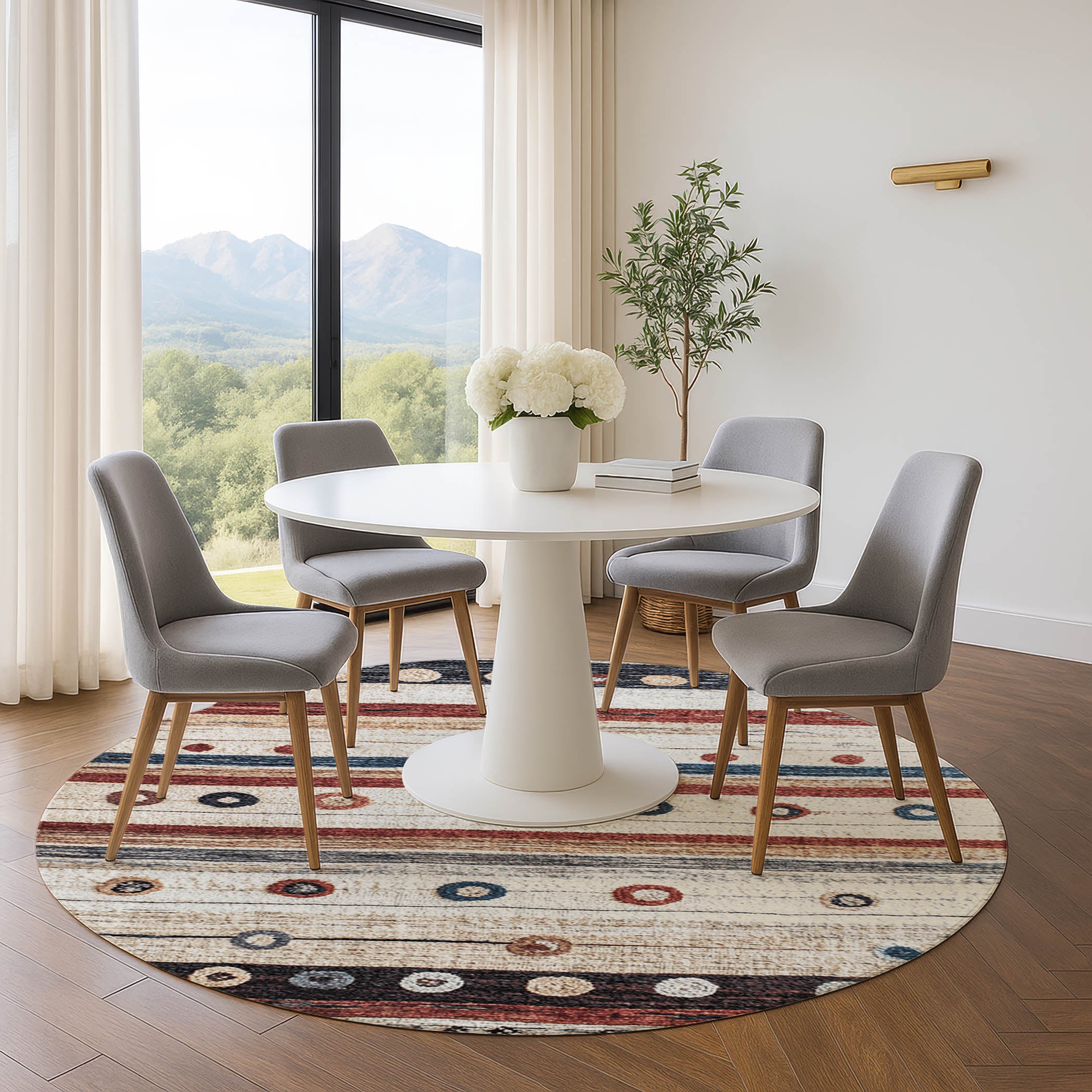 Kathmandu Machine Washable Transitional Beige Brown Rug 8' x 8' #shape_Round