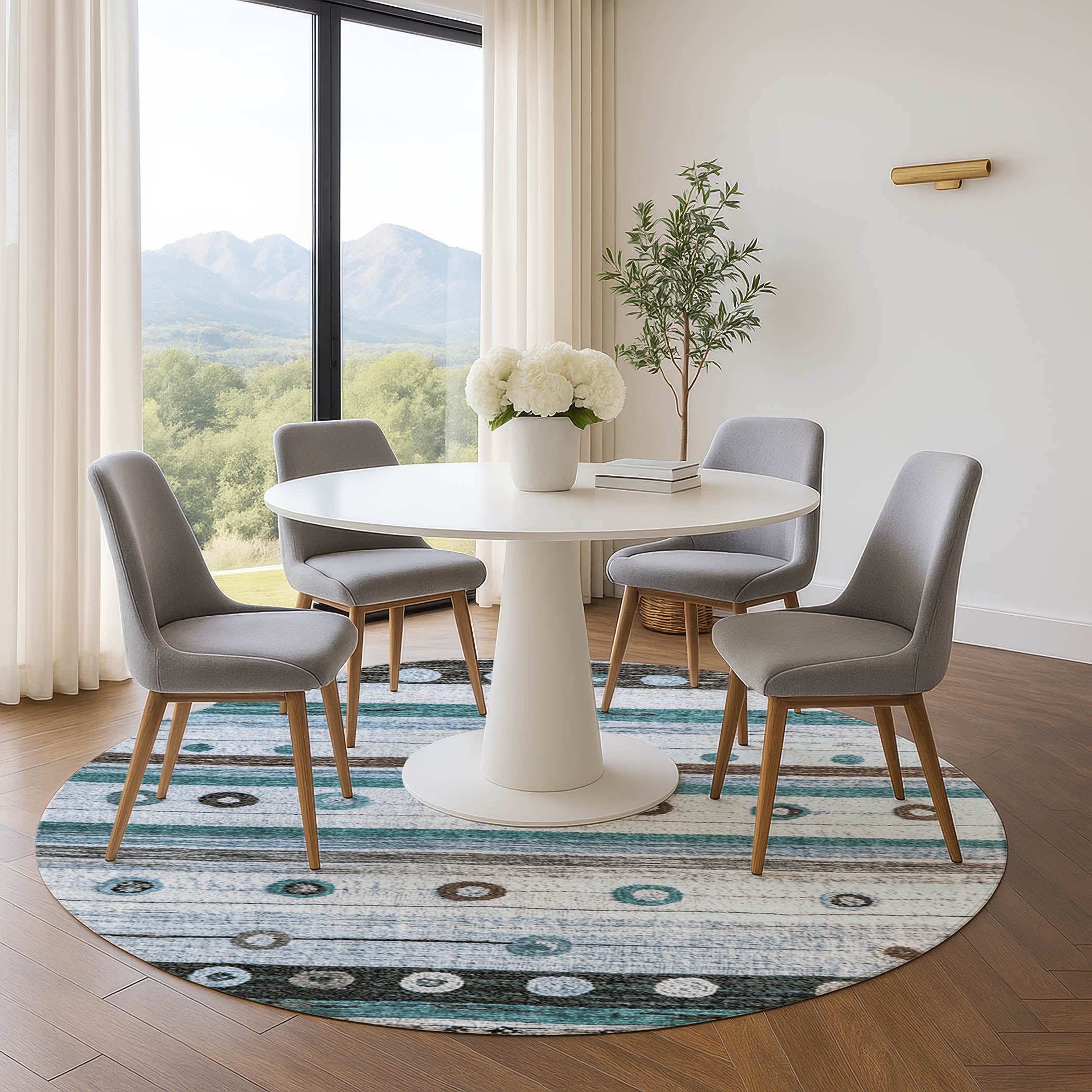 Kathmandu Machine Washable Transitional Teal Rug 8' x 8' #shape_Round