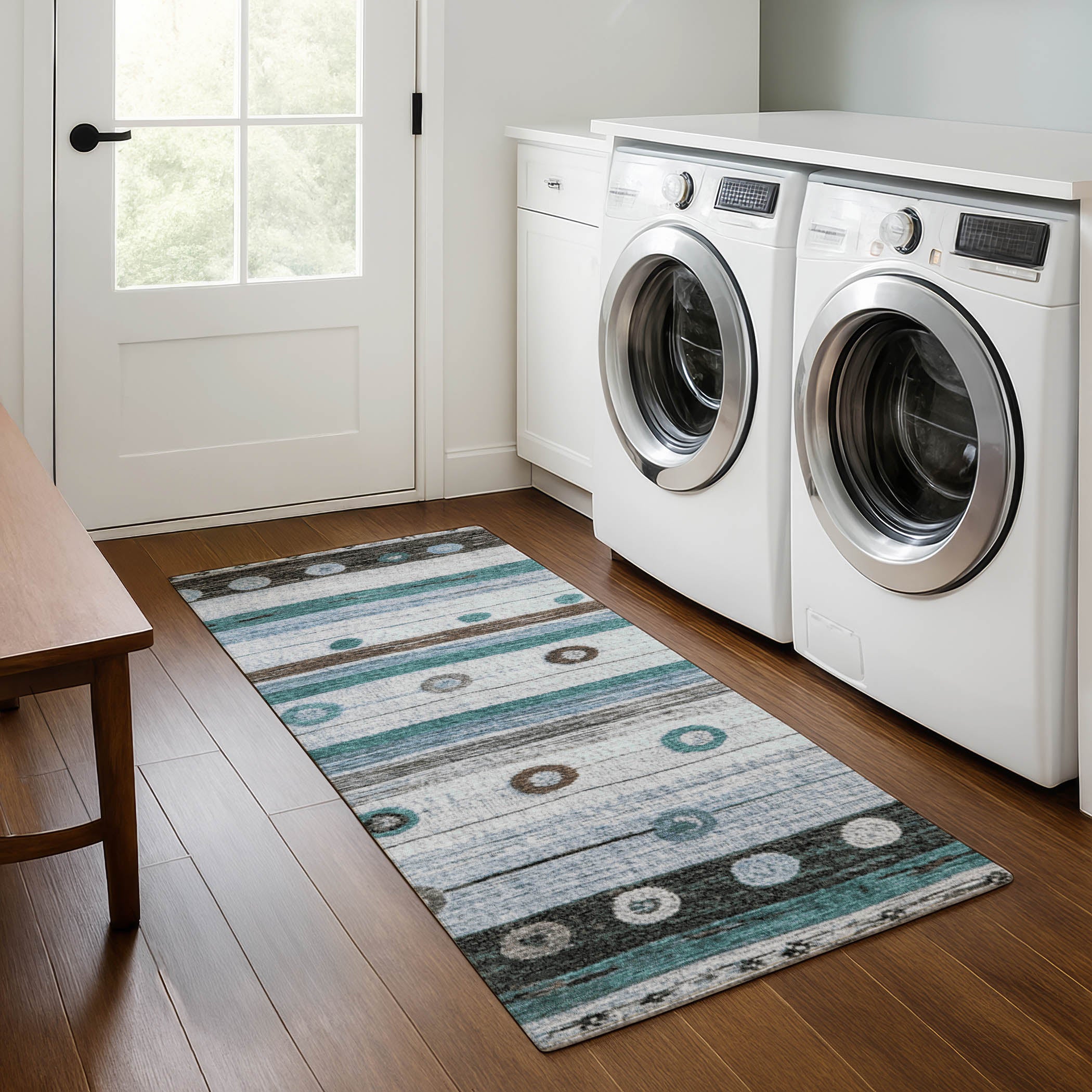 Kathmandu Machine Washable Transitional Teal Rug 2'3" x 7'6" #shape_Runner