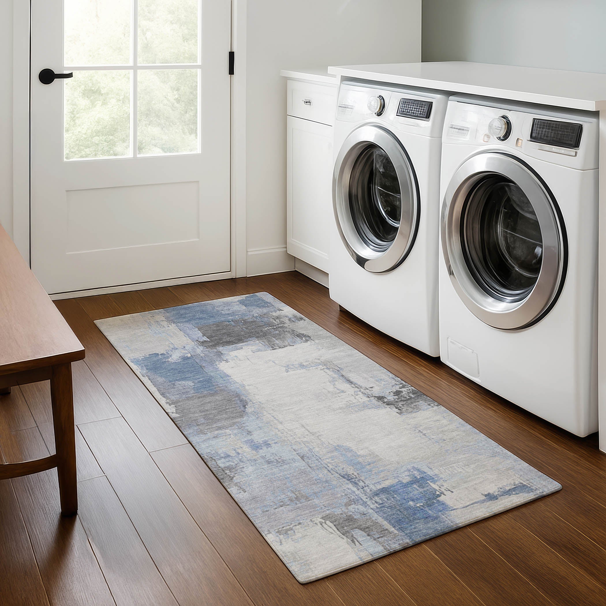 Kathmandu Machine Washable Transitional Denim Blue Rug 2'3" x 7'6" #shape_Runner