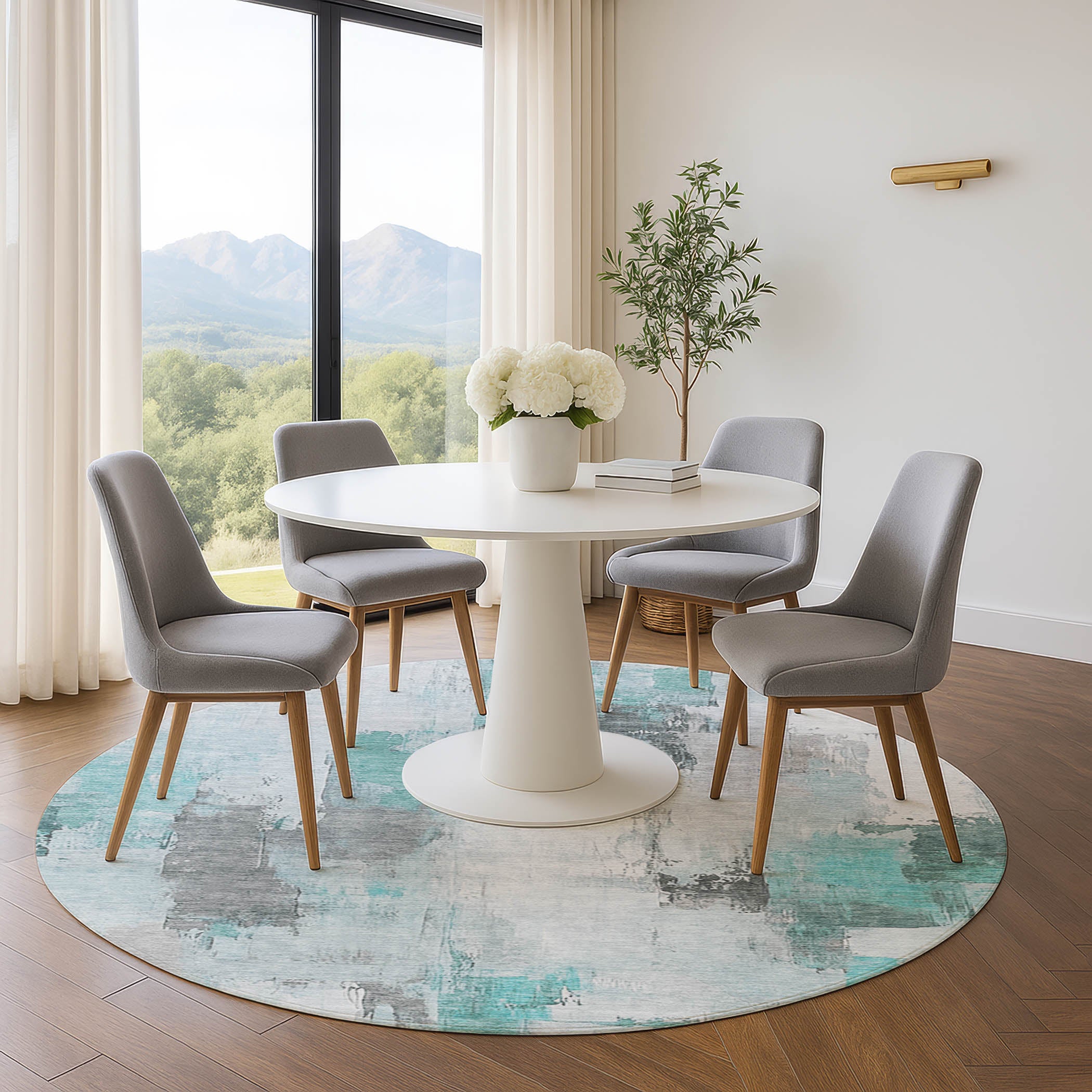 Kathmandu Machine Washable Transitional Teal Rug 8' x 8' #shape_Round
