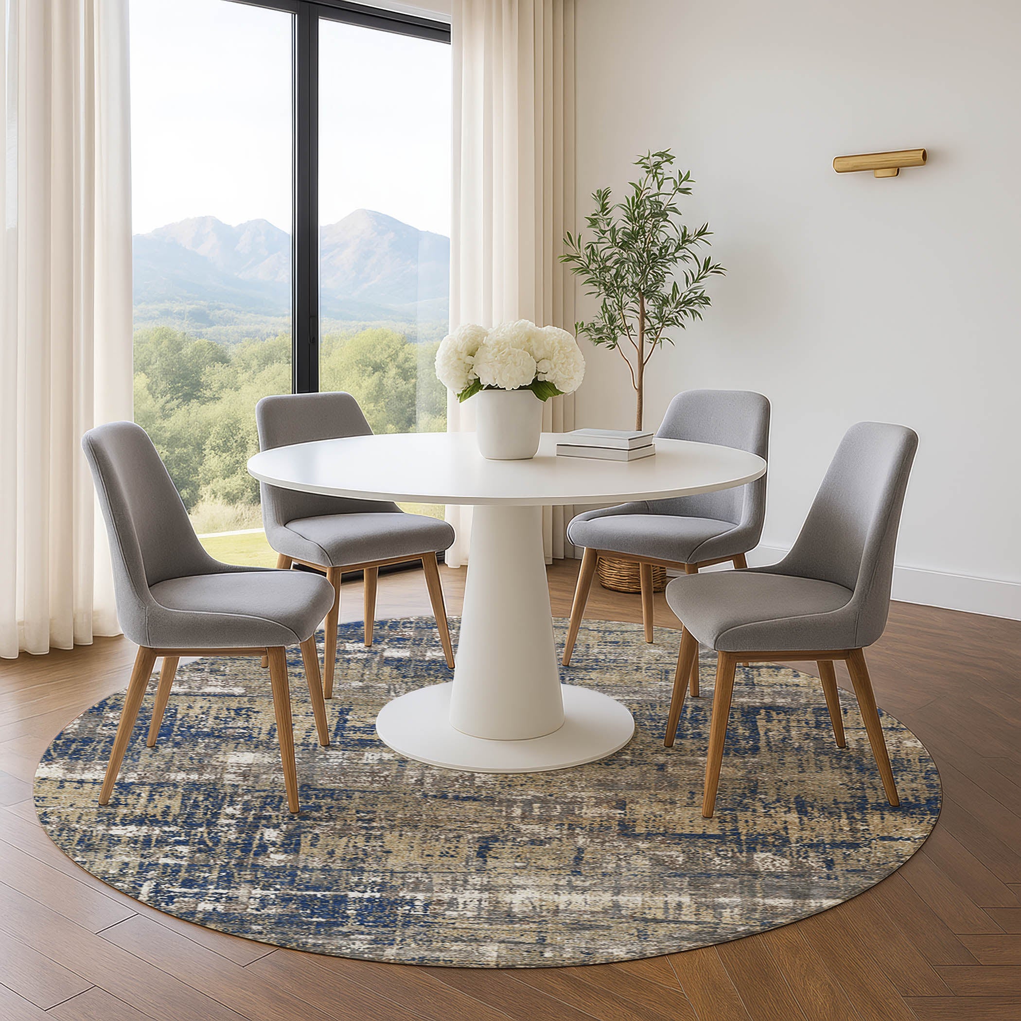 Budapest Machine Washable Transitional Navy Blue Rug 8' x 8' #shape_Round