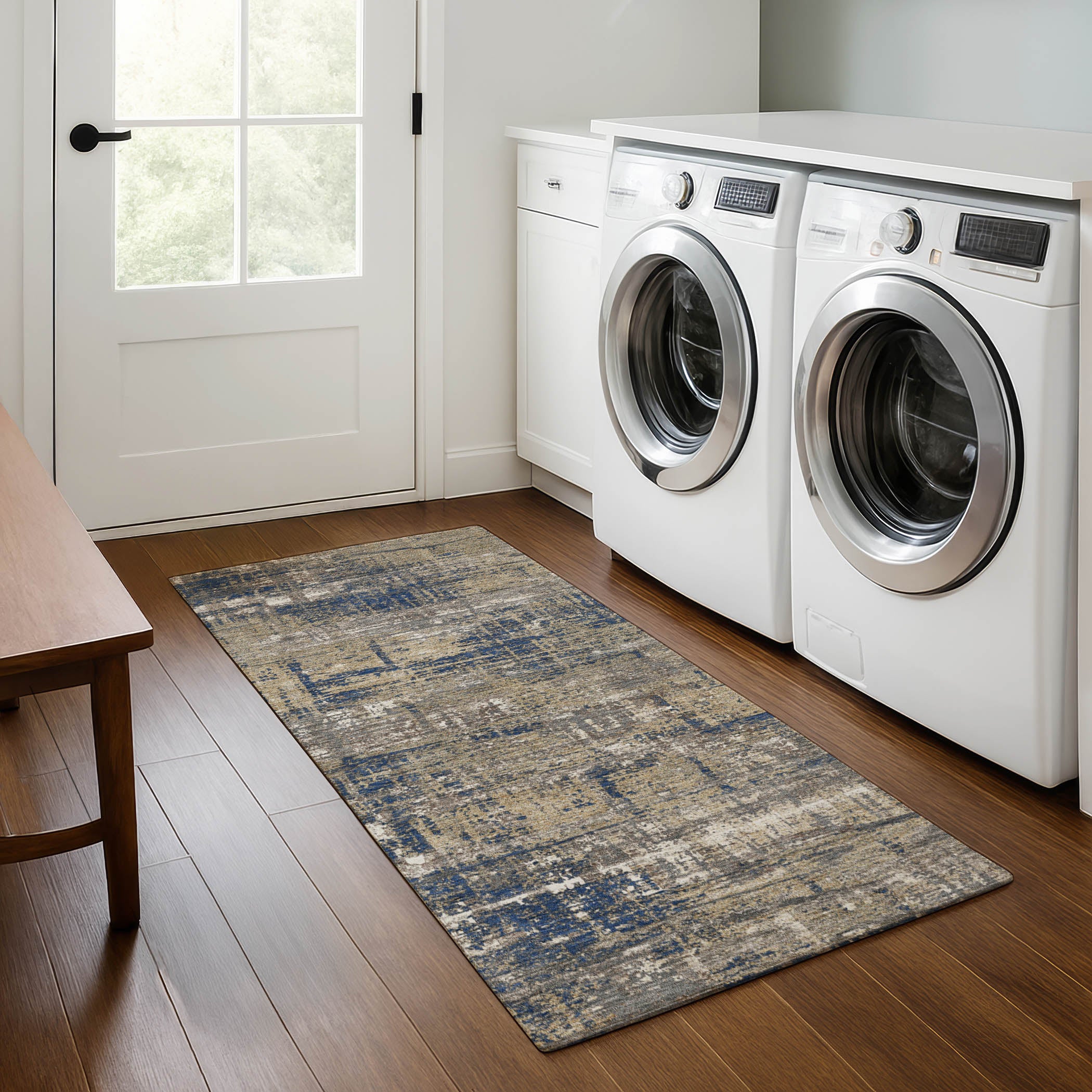 Budapest Machine Washable Transitional Navy Blue Rug 2'3" x 7'6" #shape_Runner