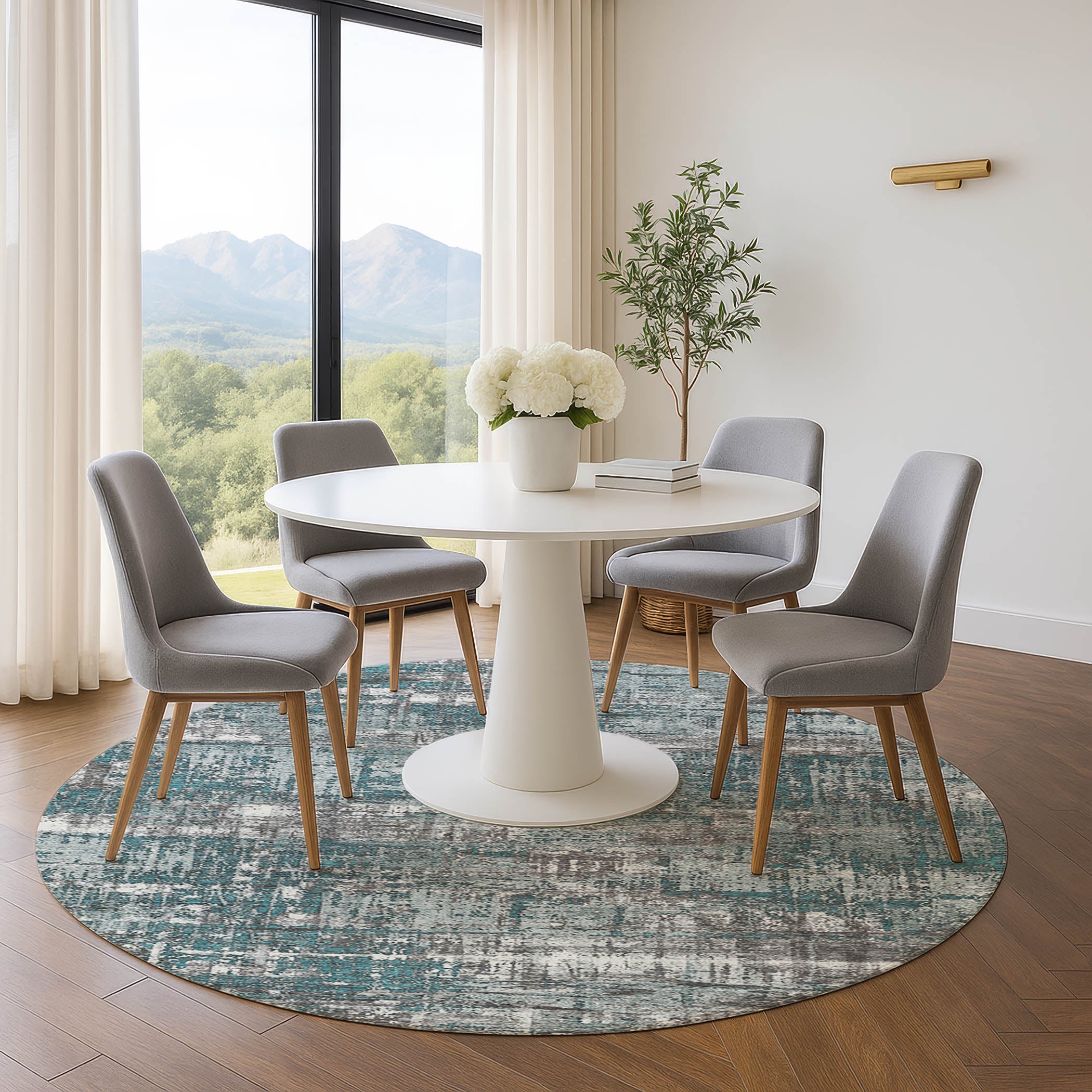 Budapest Machine Washable Transitional Teal Rug 8' x 8' #shape_Round