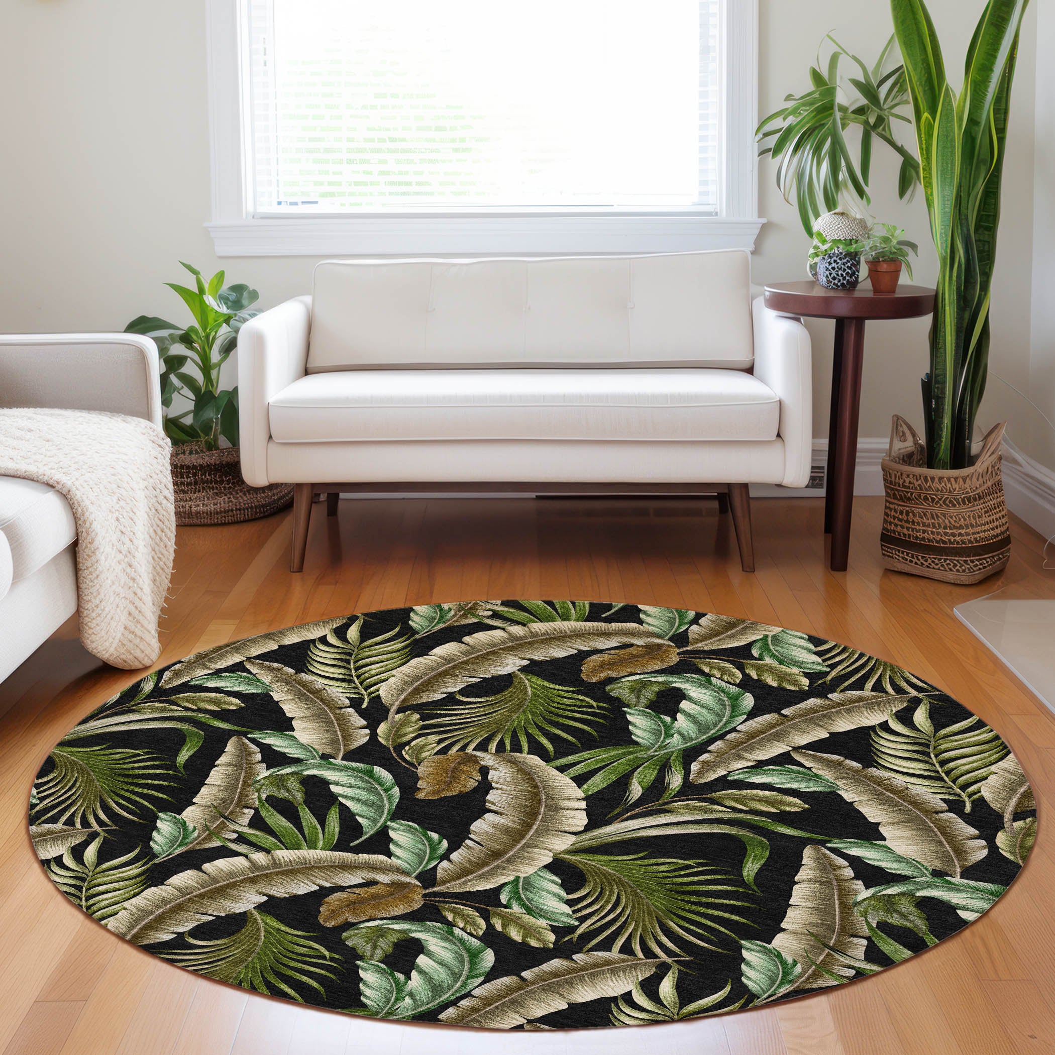 Siena Machine Washable Tropical Midnight Black Rug 8' x 8' #shape_Round