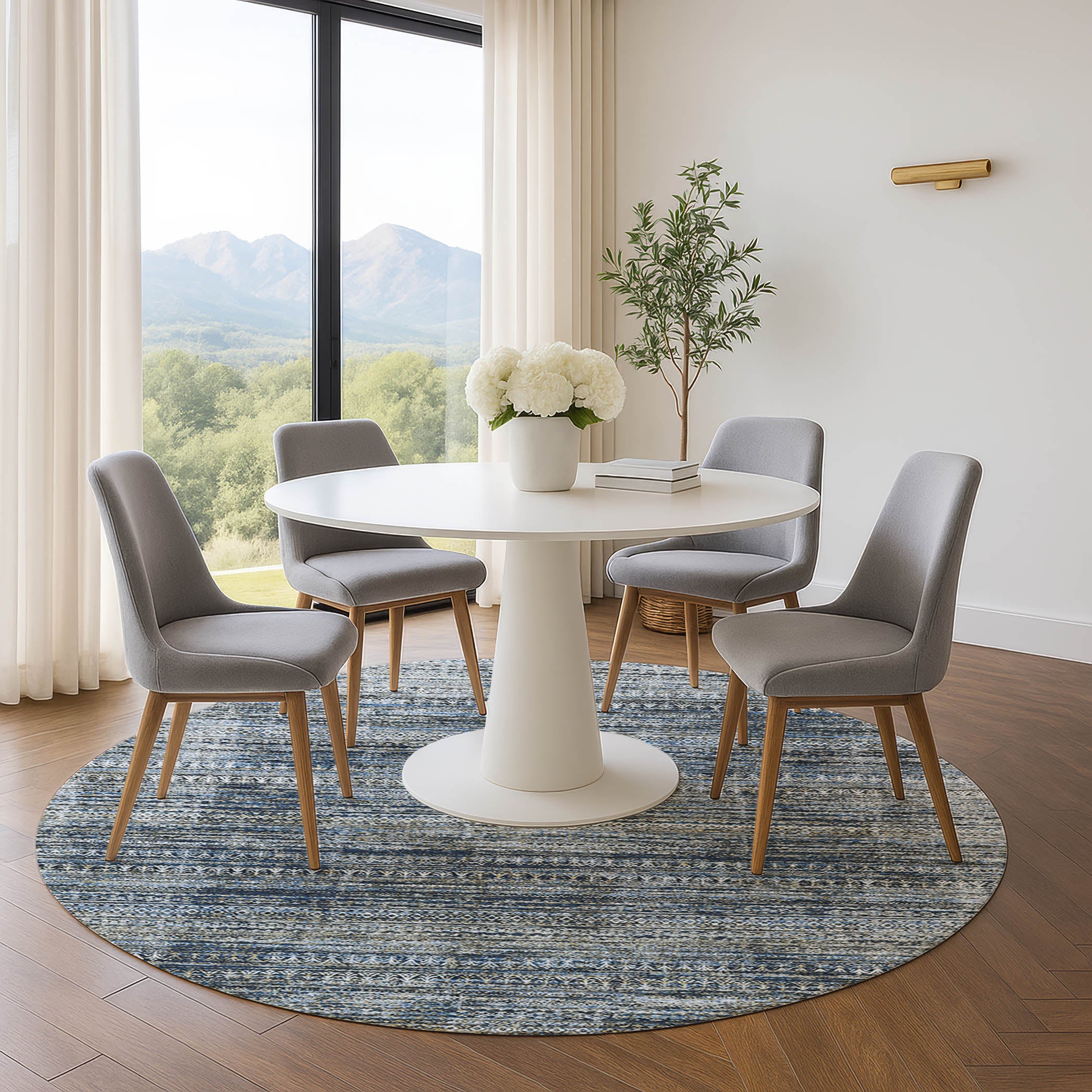 Havana Machine Washable Transitional Denim Blue Rug 8' x 8' #shape_Round
