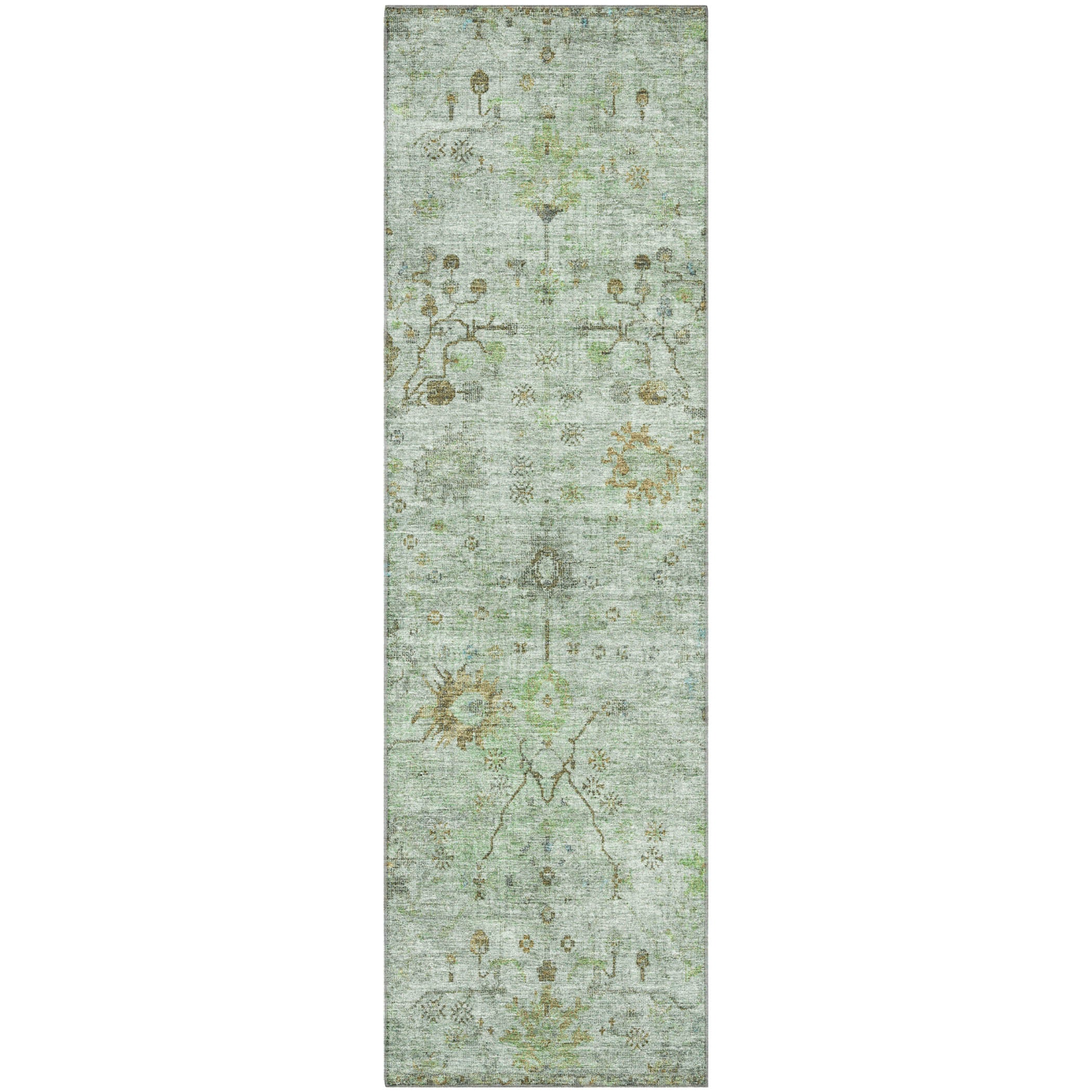 Kotor Machine Washable Traditional Aloe Green Rug 2'3" x 7'6" #shape_Runner