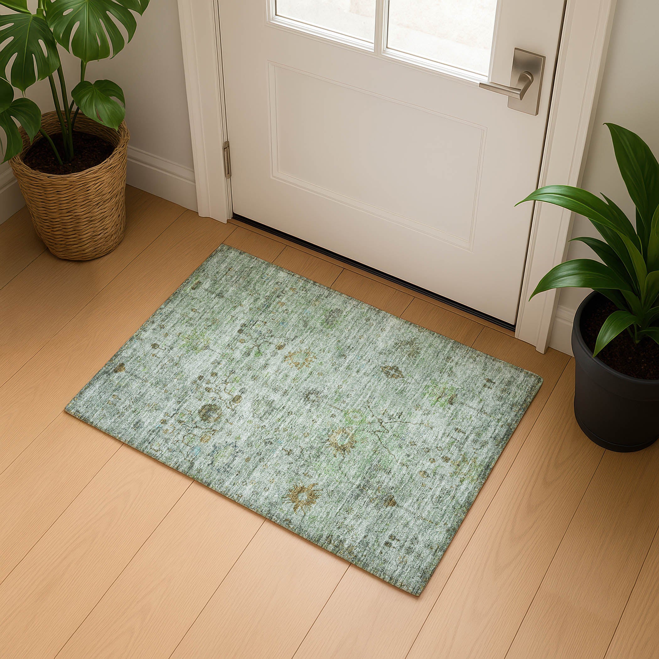Kotor Machine Washable Traditional Aloe Green Rug 1'8" x 2'6" #shape_Rectangle