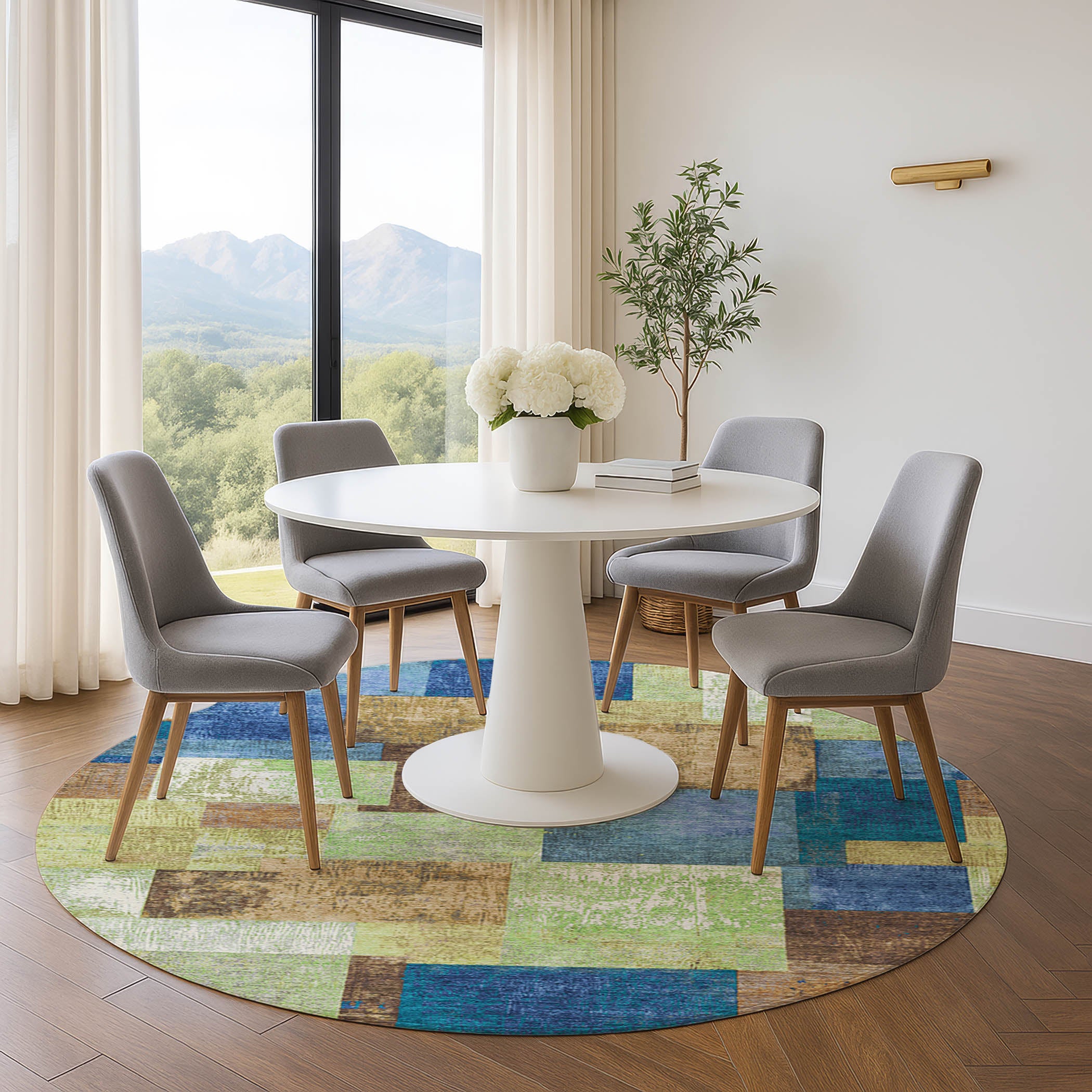 Luang Prabang Machine Washable Traditional Blue Rug 8' x 8' #shape_Round