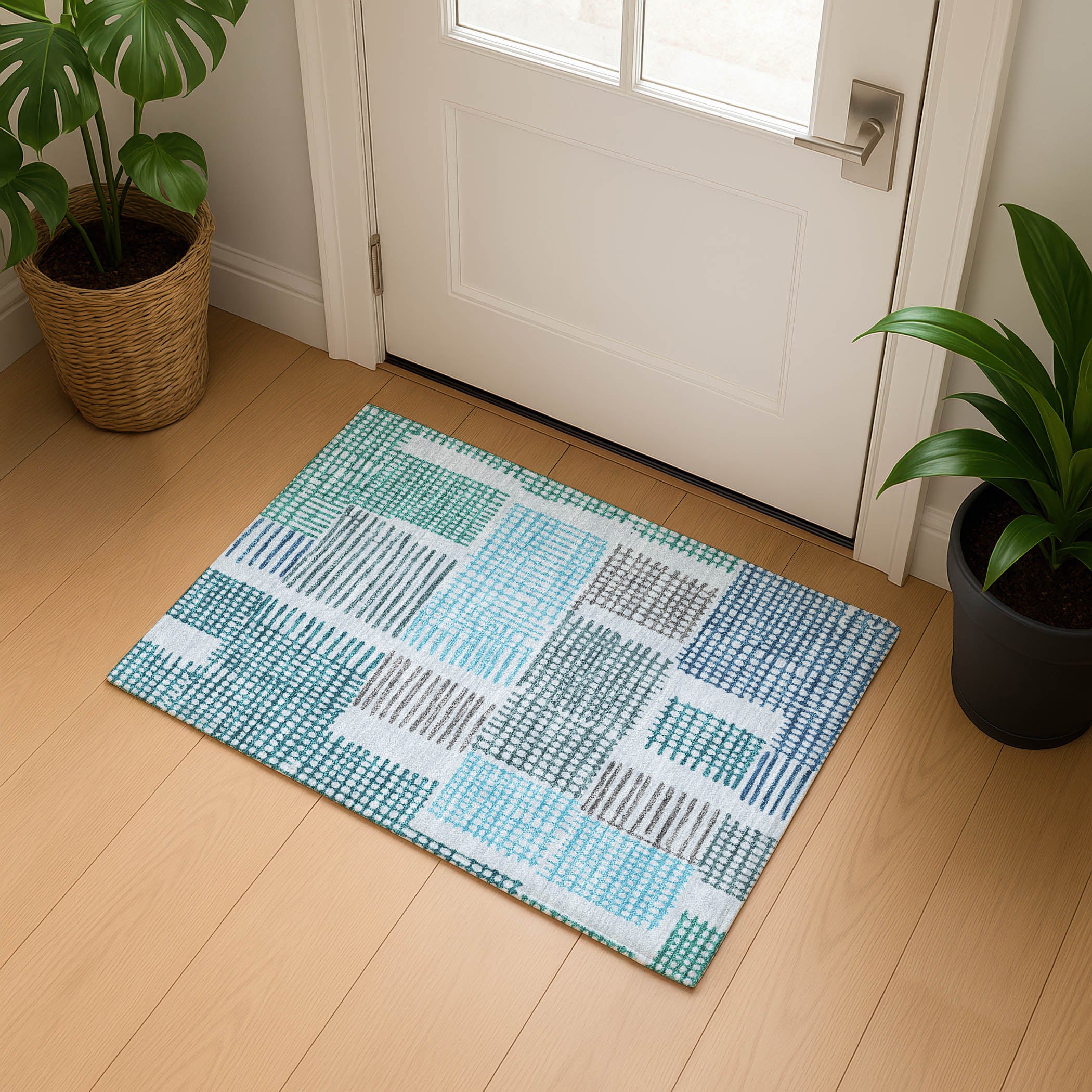 Prague Machine Washable Transitional Aqua Teal Rug 1'8" x 2'6" #shape_Rectangle