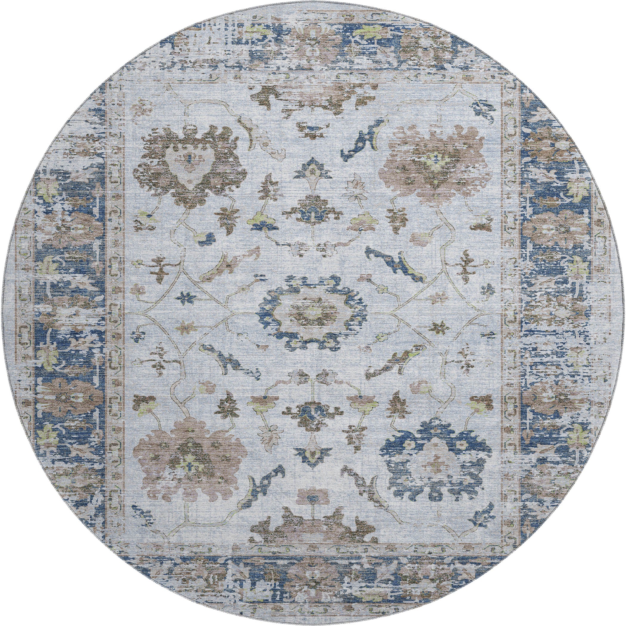 Oaxaca Machine Washable Traditional Blue Rug 8' x 8' #shape_Round