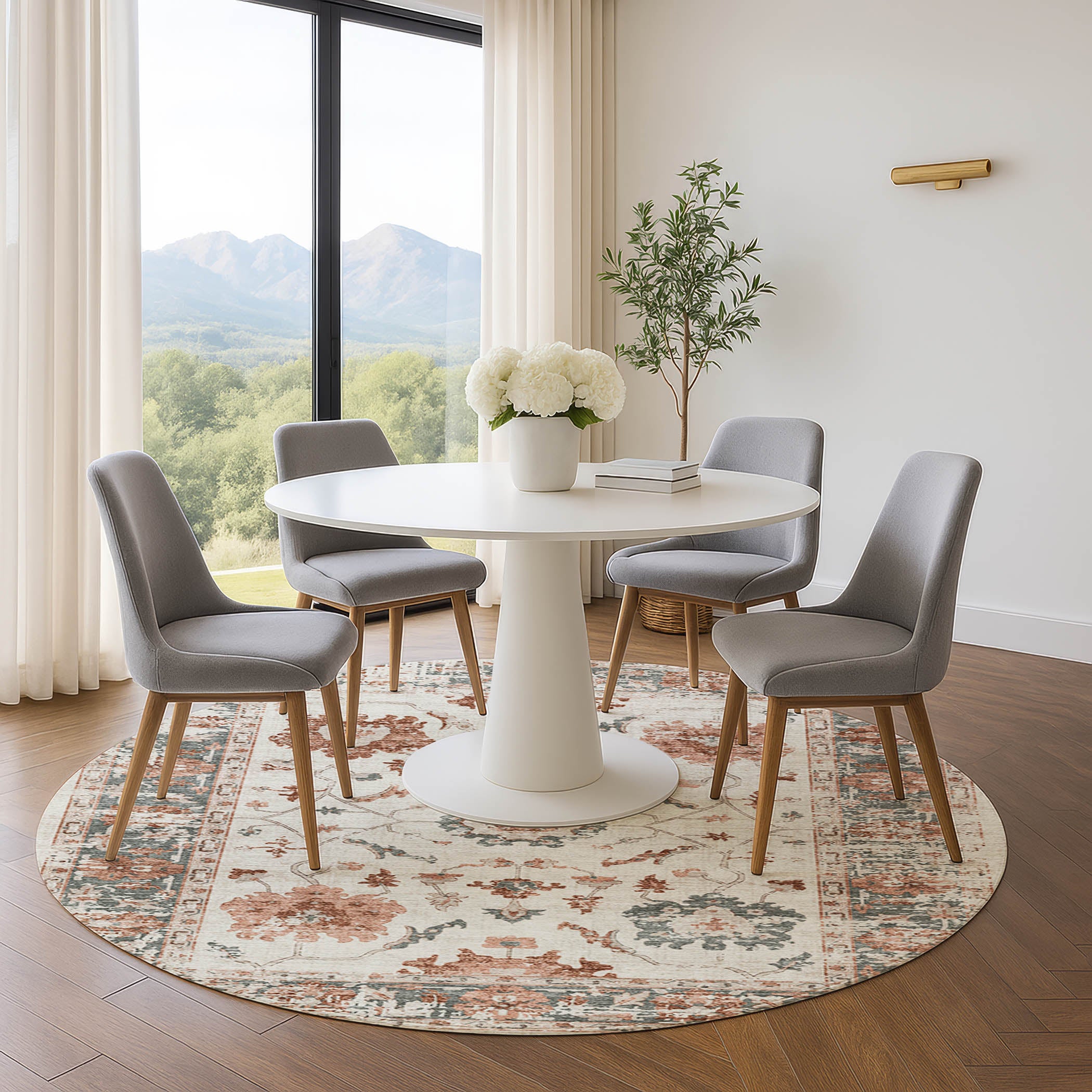 Oaxaca Machine Washable Traditional Linen Ivory Rug 8' x 8' #shape_Round
