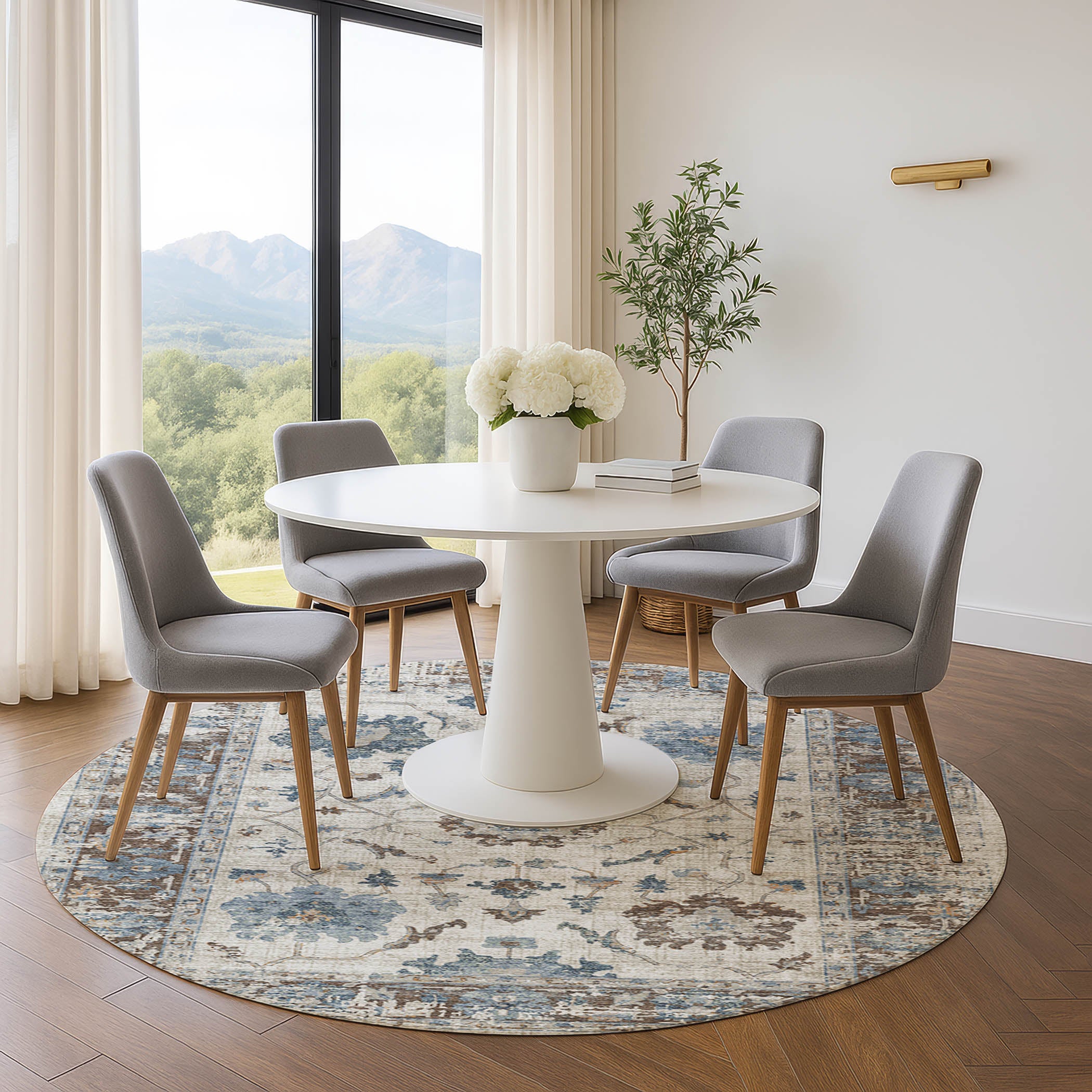 Oaxaca Machine Washable Traditional Putty Ivory Rug 8' x 8' #shape_Round