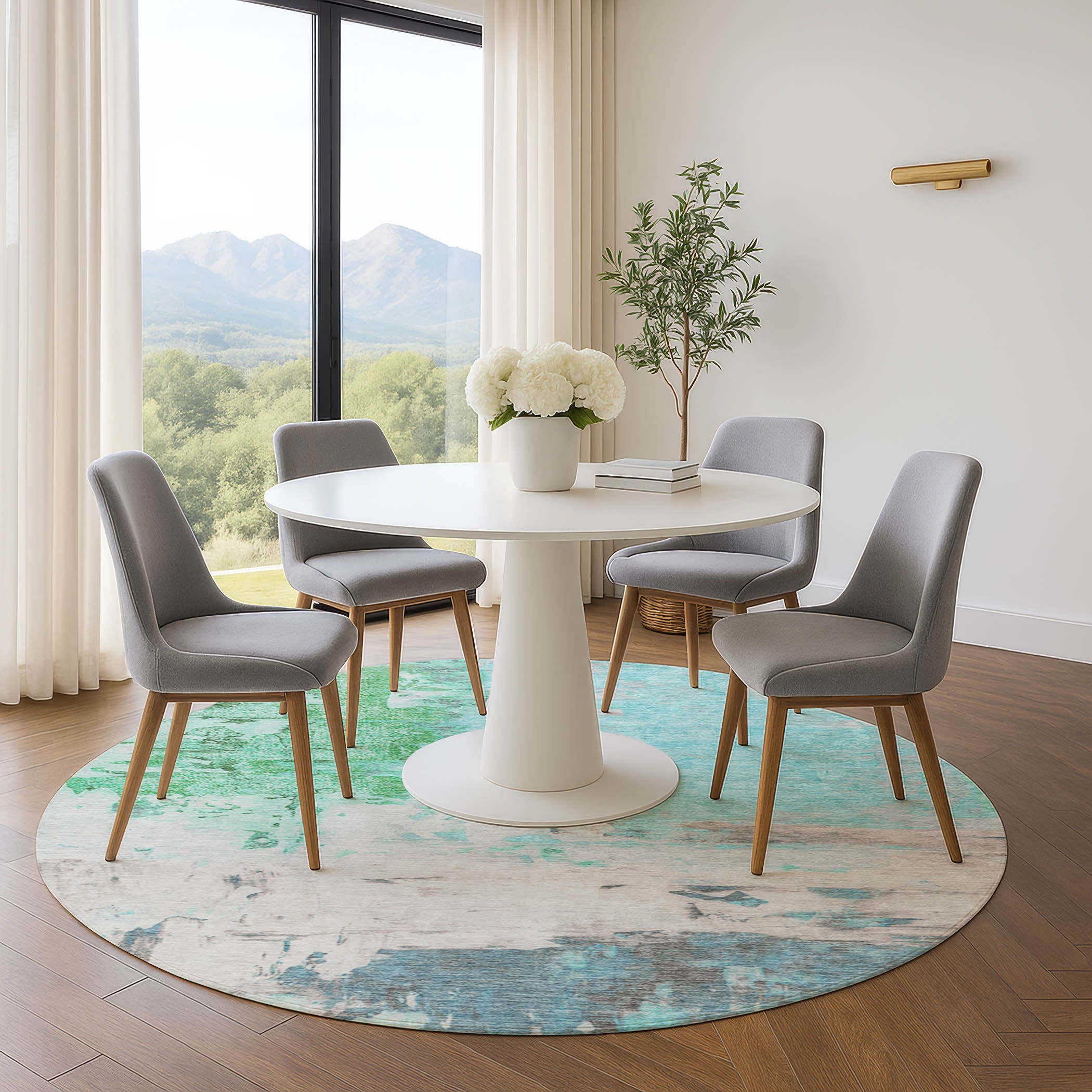 Budapest Machine Washable Transitional Teal Rug 8' x 8' #shape_Round