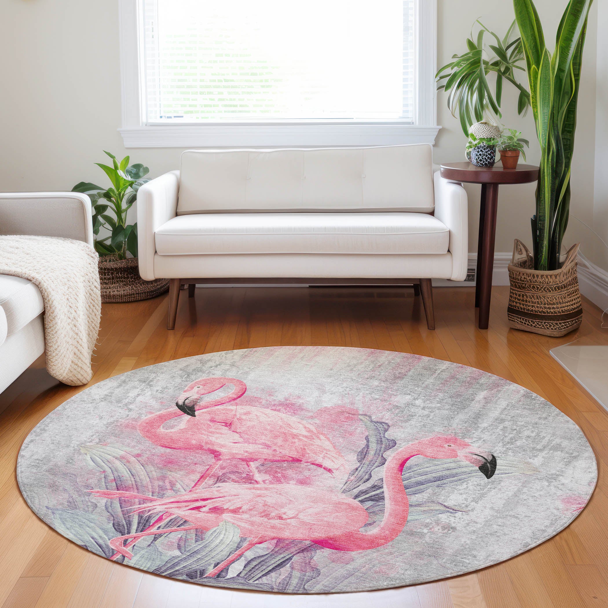 Luang Prabang Machine Washable Tropical Pink Gray Rug 8' x 8' #shape_Round